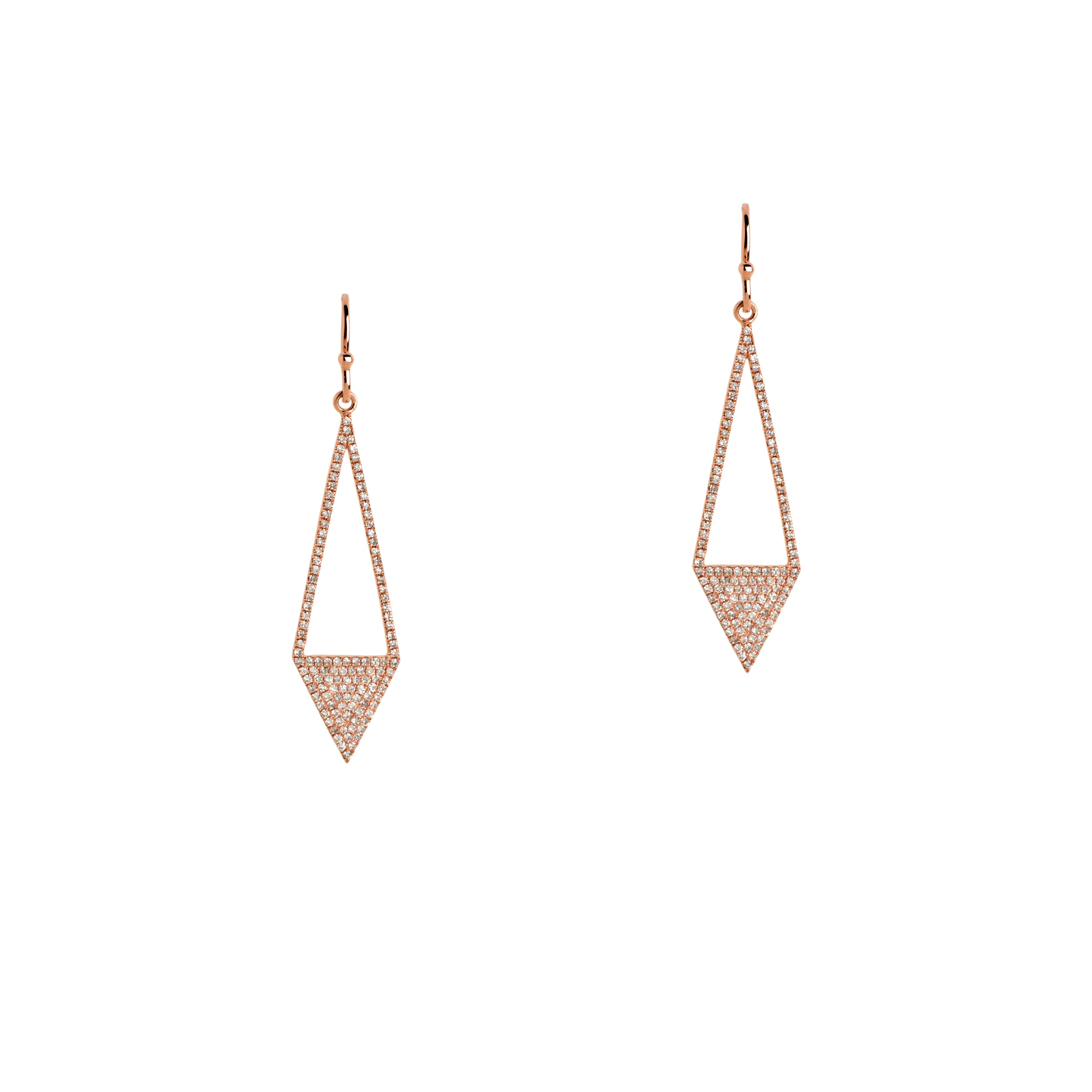 Rose Gold Diamond Arrow Earrings: a pair of 14K gold diamond earrings in the shape of an upside-down arrow 