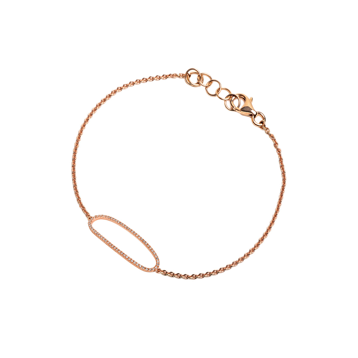 Rose Gold Diamond Oval Bracelet: A 14K gold diamond oval bracelet with a lobster clasp fastening.