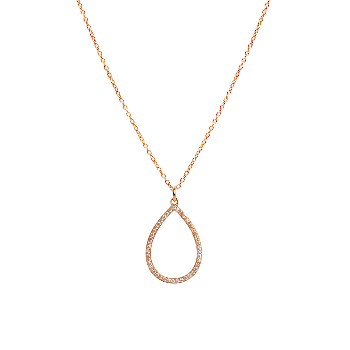 Rose Gold Diamond Teardrop Necklace: 14K necklace with a diamond-encrusted teardrop pendant