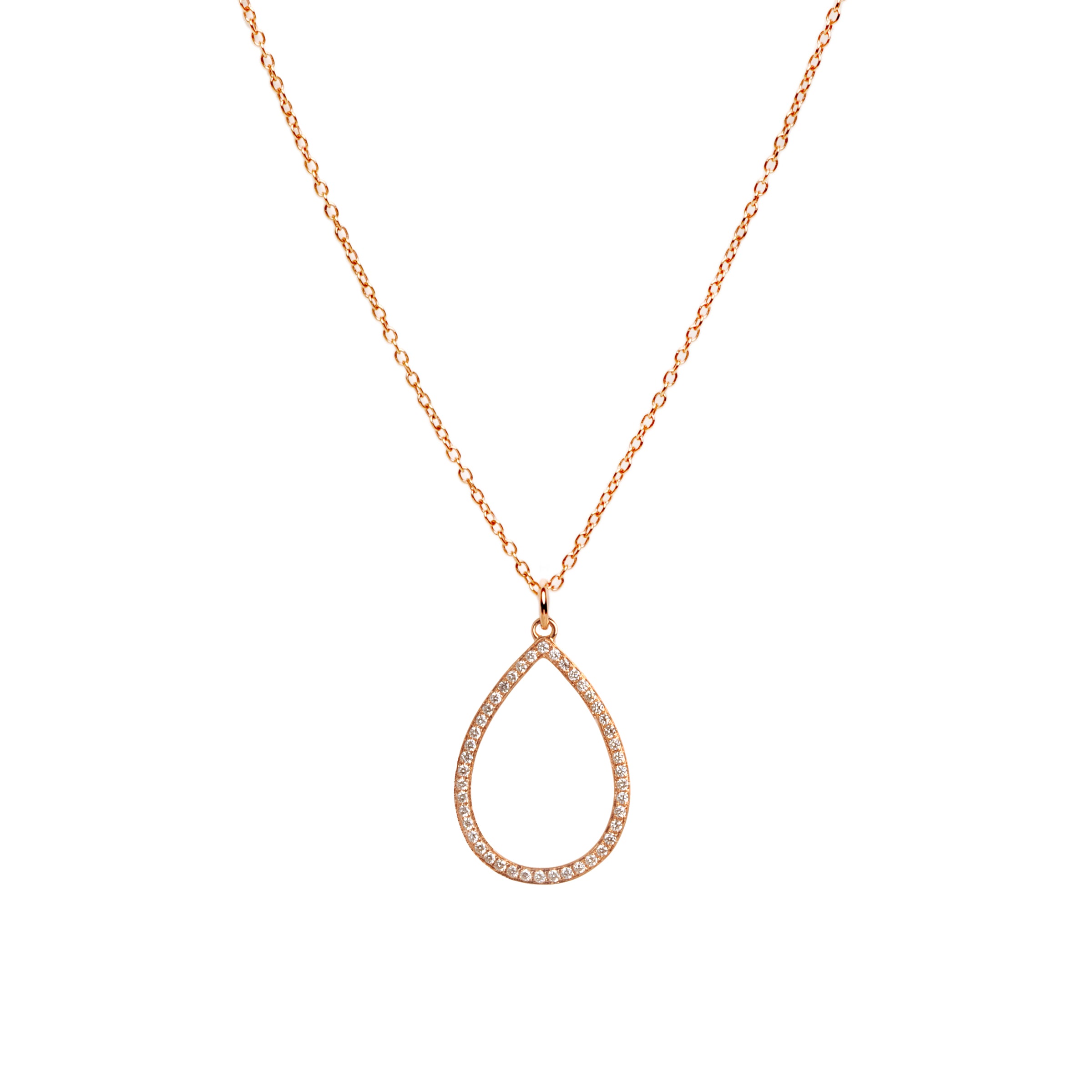 Rose Gold Diamond Teardrop Necklace: 14K necklace with a diamond-encrusted teardrop pendant