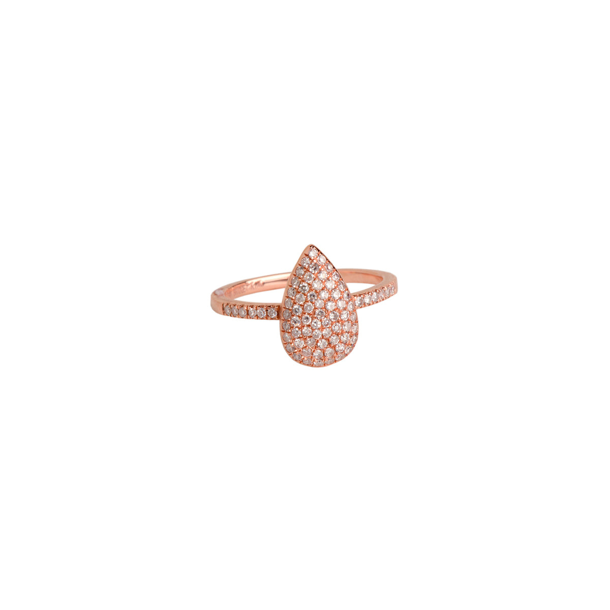 Rose Gold Diamond Teardrop Ring w/ White Diamonds: A 14K gold diamond teardrop ring with white diamonds on a white background.