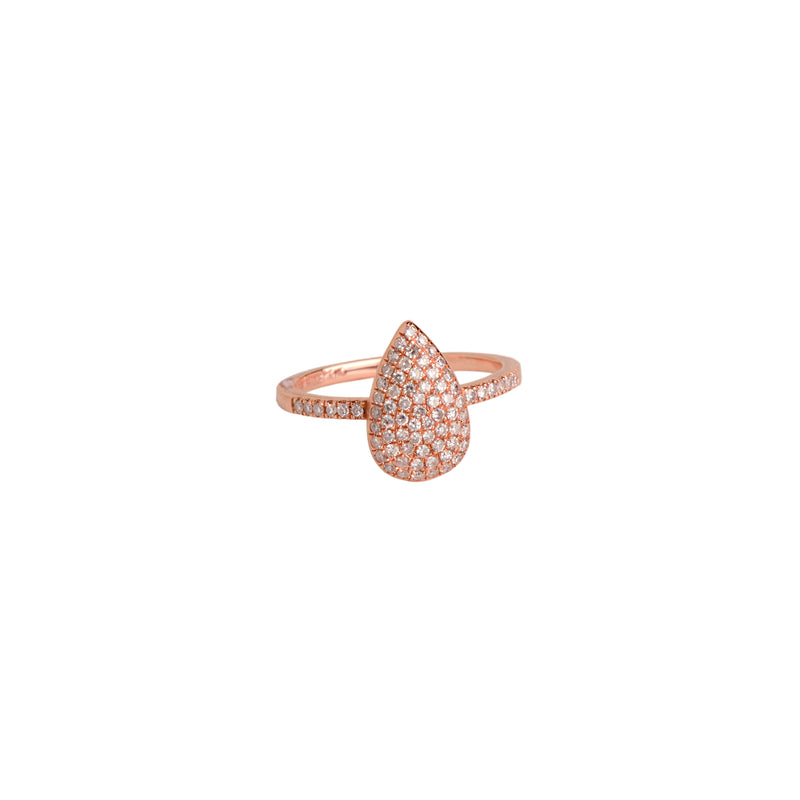 Rose Gold Diamond Teardrop Ring w/ White Diamonds: A 14K gold diamond teardrop ring with white diamonds on a white background.