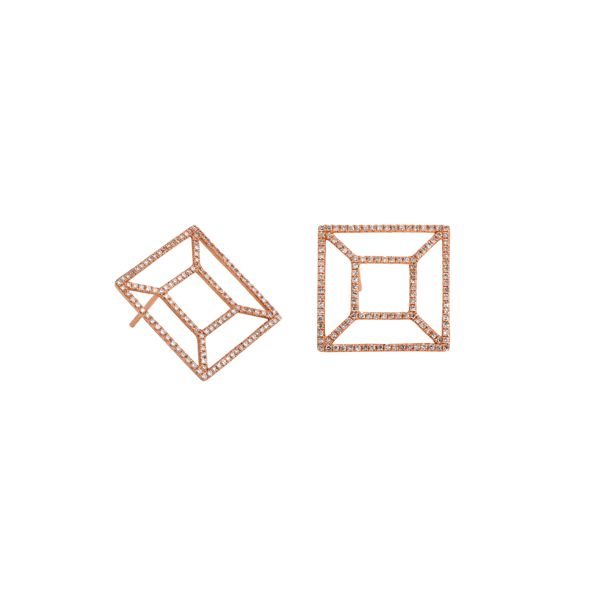 Rose Gold Diamond Windowpane Studs: A pair of 14K gold stud earrings with a windowpane-like design.