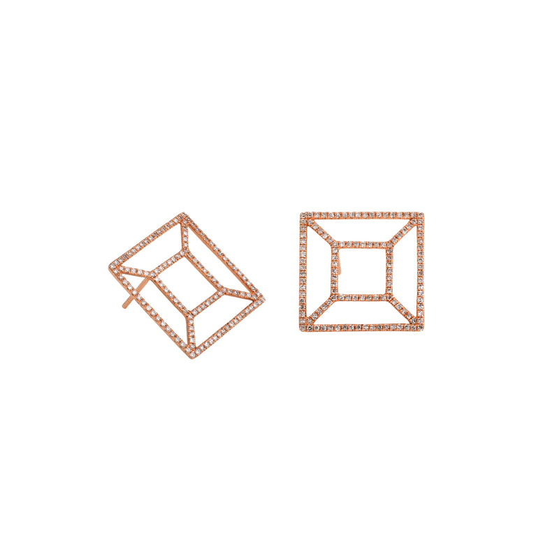 Rose Gold Diamond Windowpane Studs: A pair of 14K gold stud earrings with a windowpane-like design.