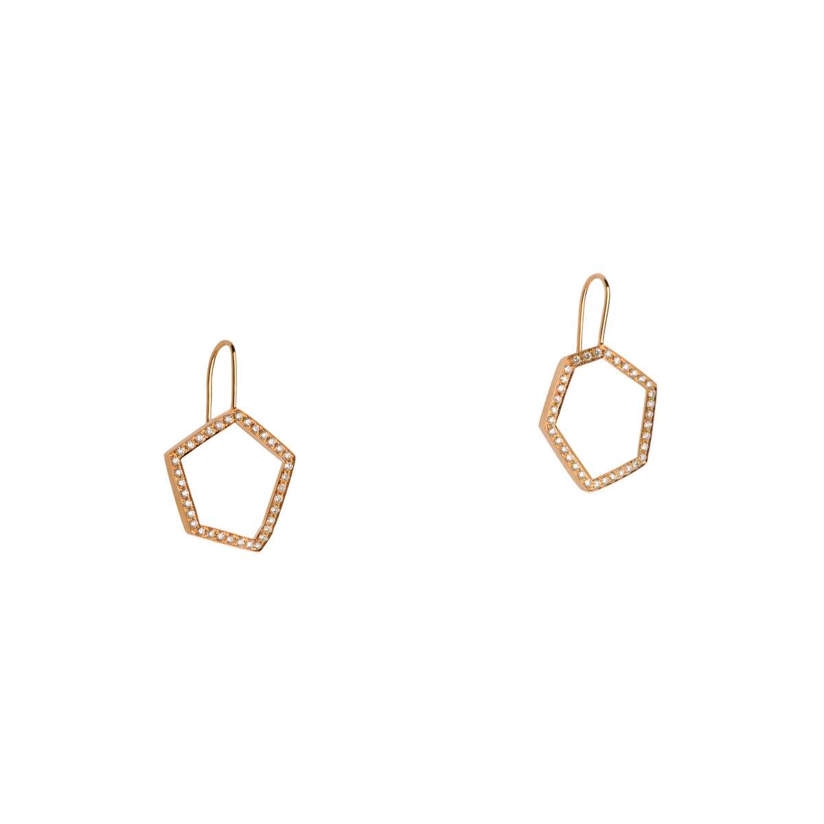Rose Gold Hexagon Diamond Drop Earrings: a pair of 14K gold diamond drop earrings in the shape of a hexagon 