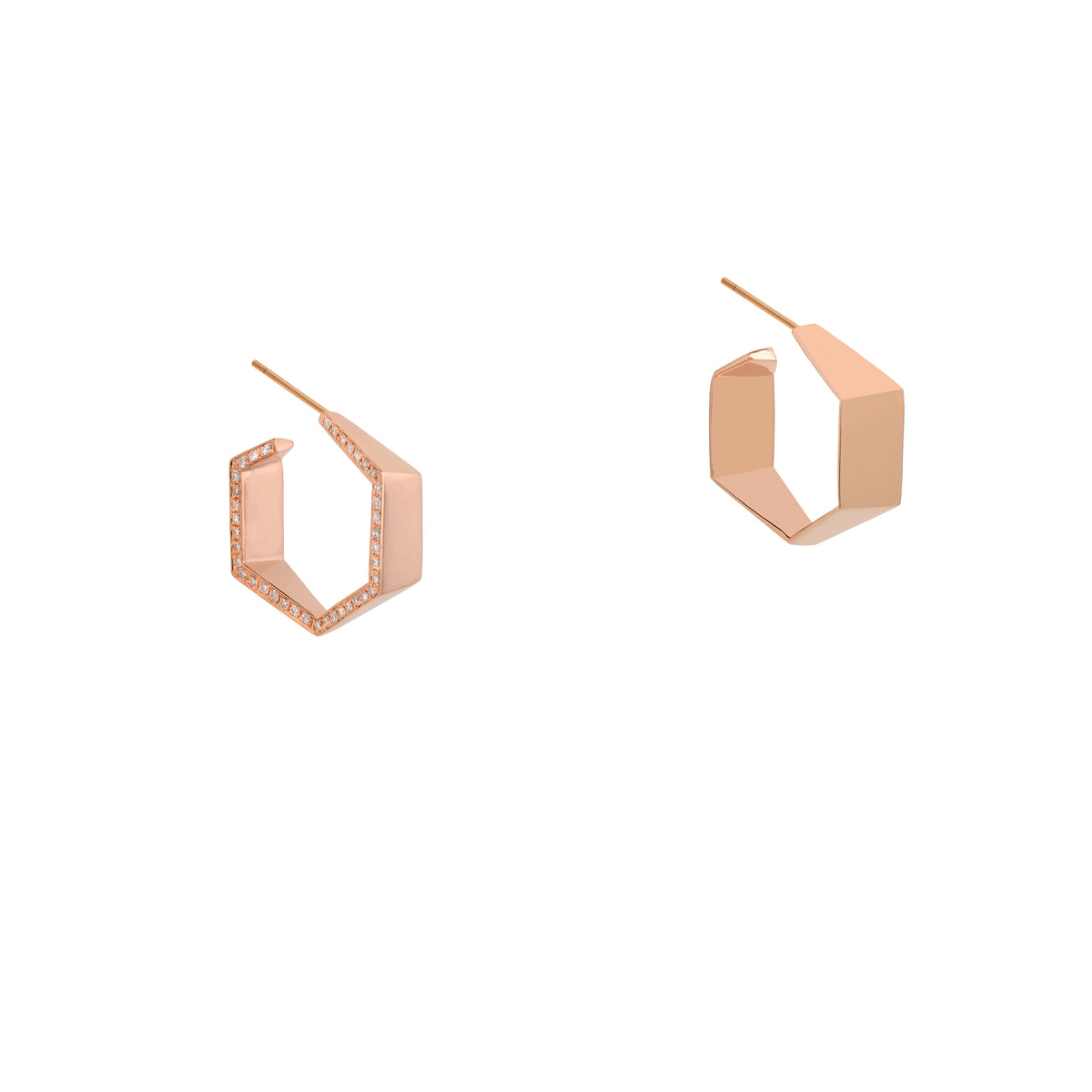 Rose Gold Hexagon Diamond Earrings: A pair of diamond earrings with a hexagonal design with butterfly backs.