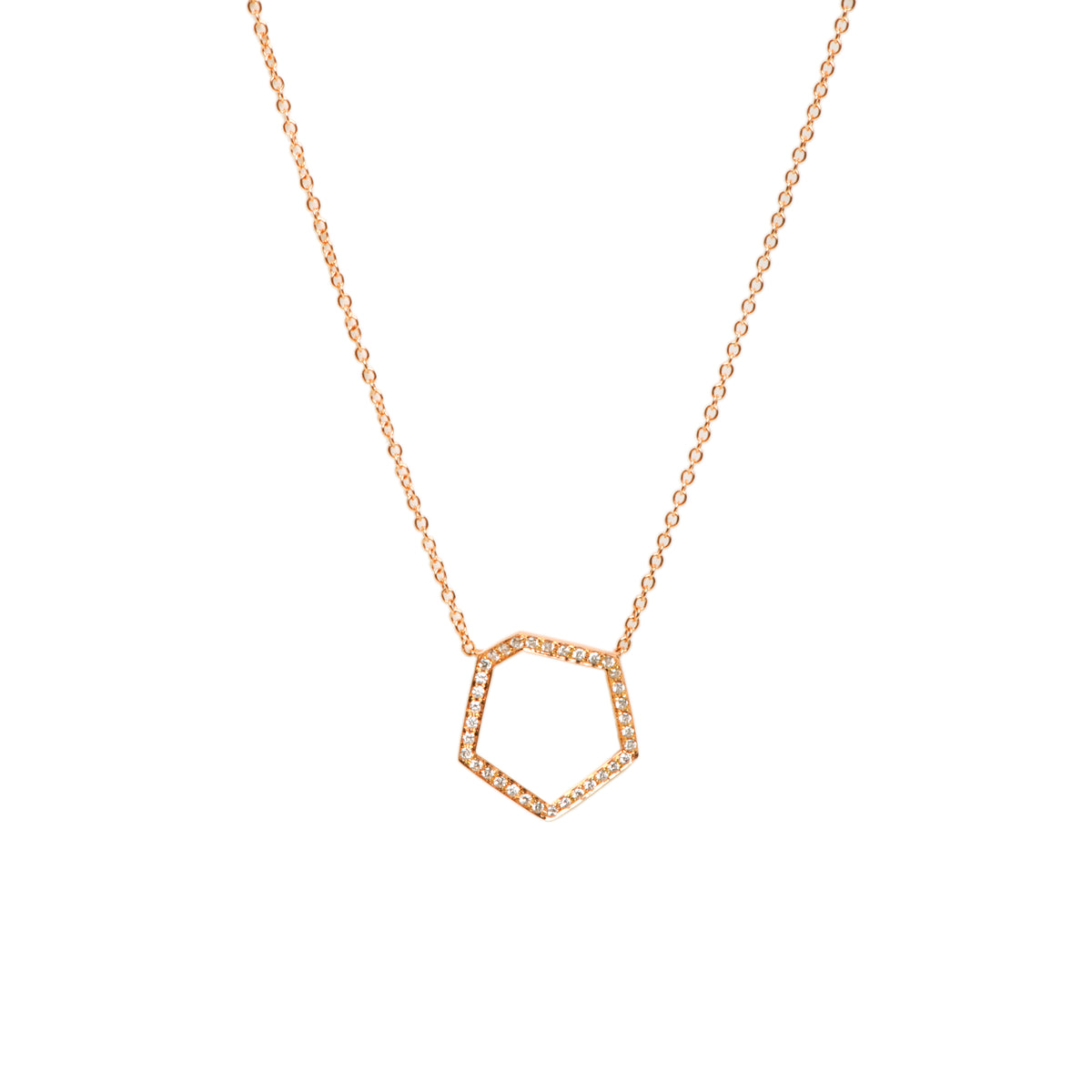 Rose Gold Hexagon Diamond Necklace: 14K gold necklace with a hexagon-shaped pendant 