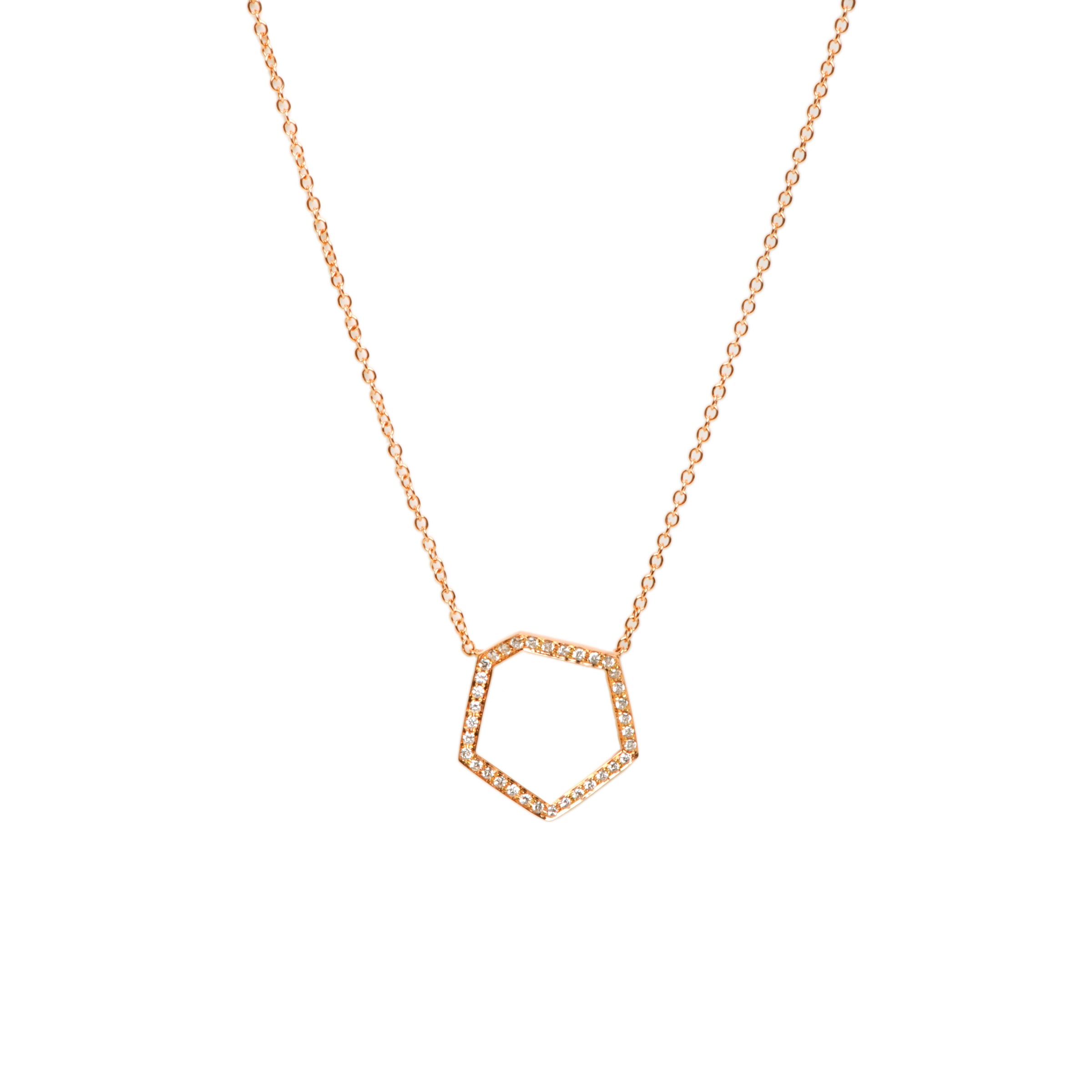 Rose Gold Hexagon Diamond Necklace: 14K gold necklace with a hexagon-shaped pendant 