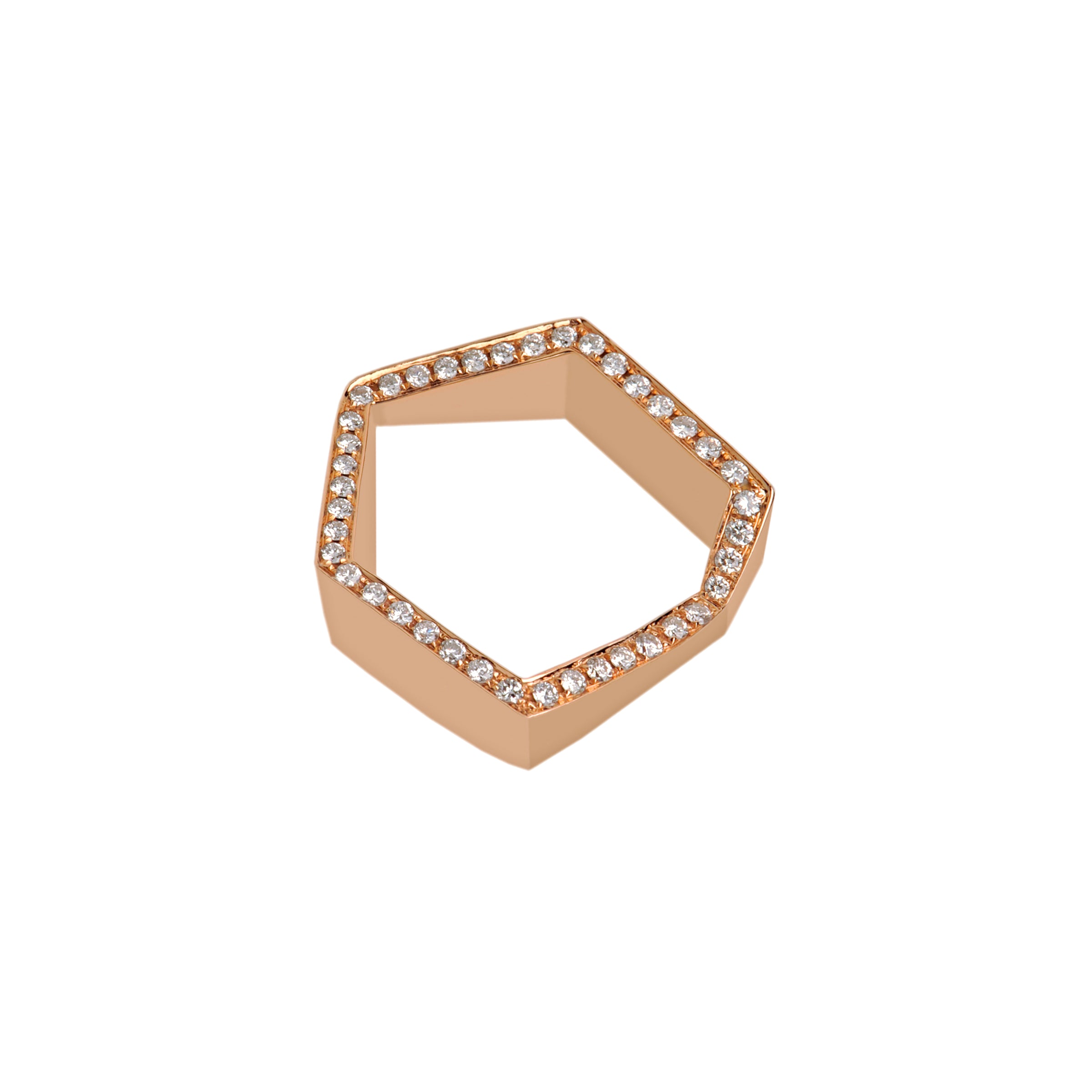 Rose Gold Hexagon Diamond Ring: A 14K gold hexagonal ring with diamonds set in it.