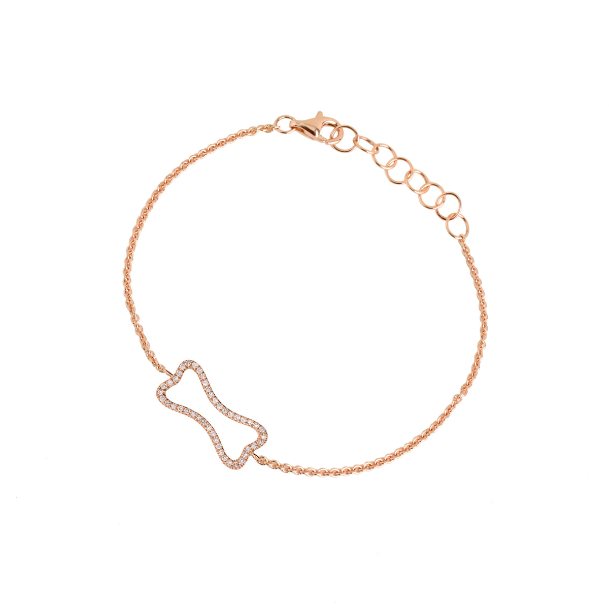 Rose Gold Hollow Mini Diamond Dog Bone Bracelet: A gold bracelet with a hollow diamond dog bone design in the center, featuring a lobster clasp closure.