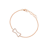 Rose Gold Hollow Mini Diamond Dog Bone Bracelet: A gold bracelet with a hollow diamond dog bone design in the center, featuring a lobster clasp closure.