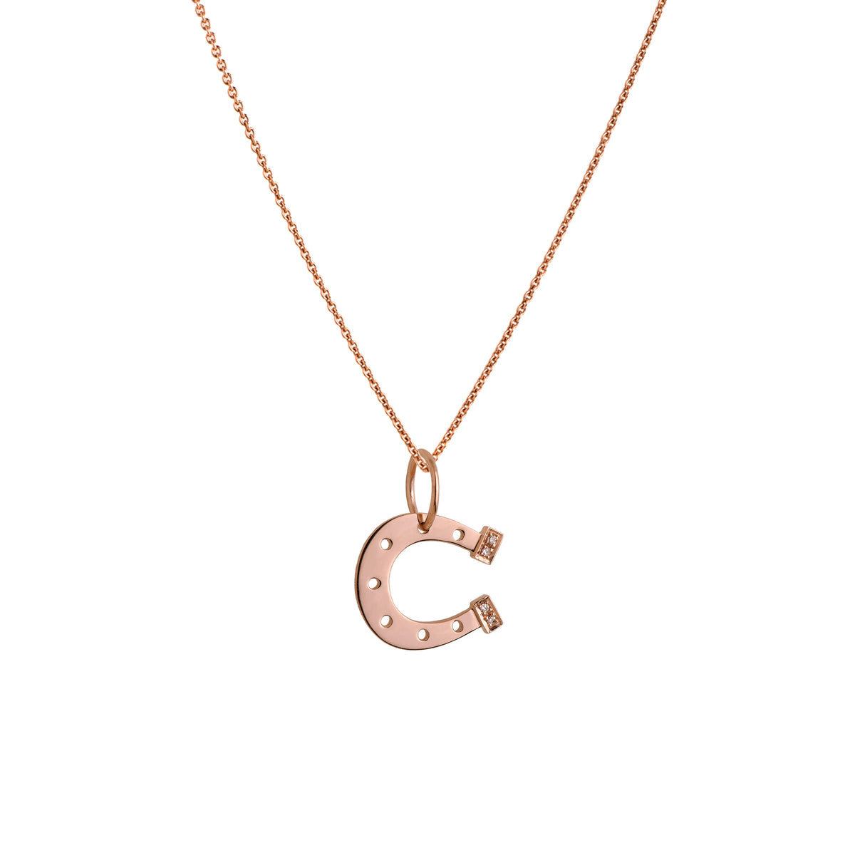 Rose Gold Horseshoe Necklace: A 14K gold horseshoe-shaped pendant with small diamond heels on a chain.