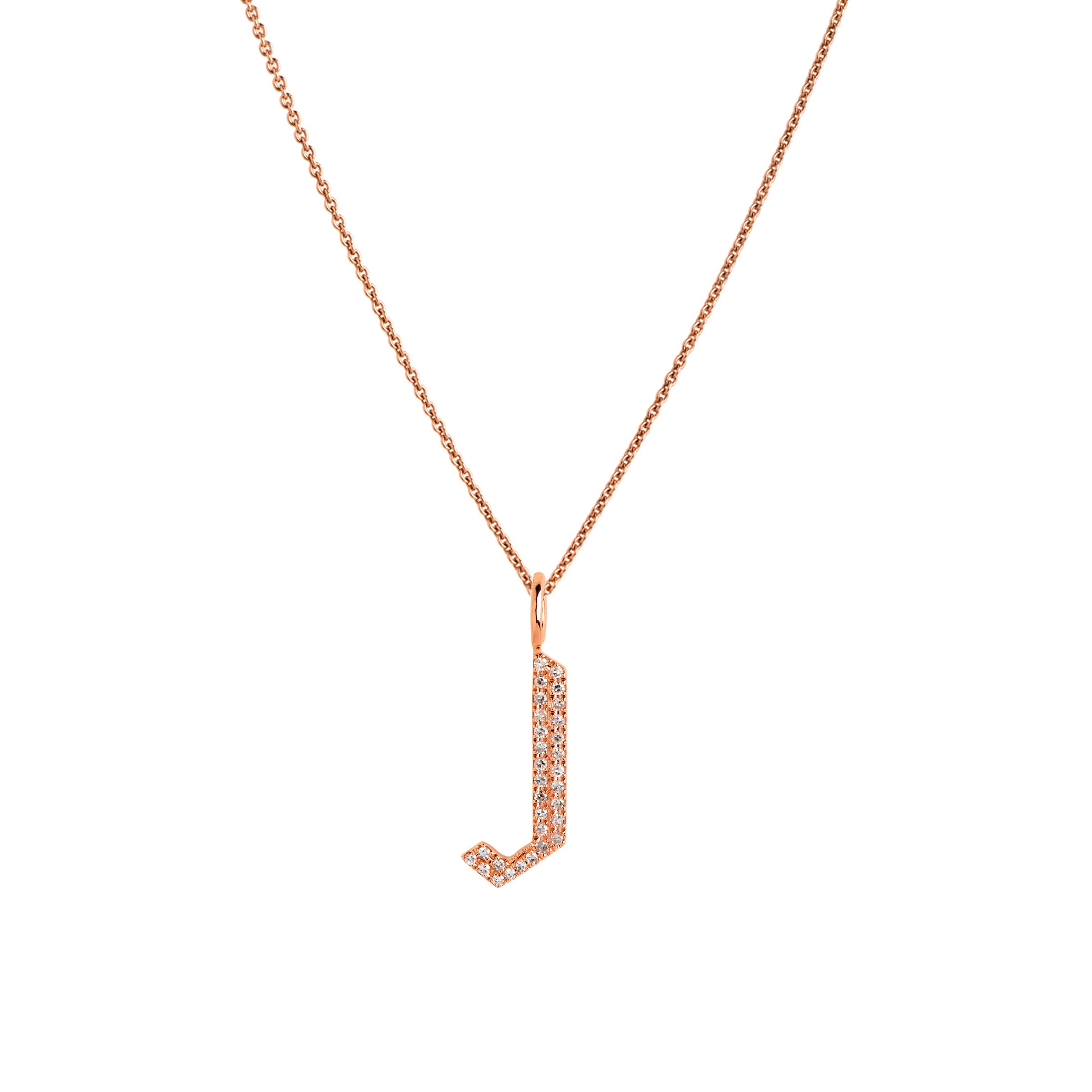Rose Gold "J" Small White Diamond Alphabet Necklace: A 14K gold diamond alphabet pendant with the letter 'J' with a chain