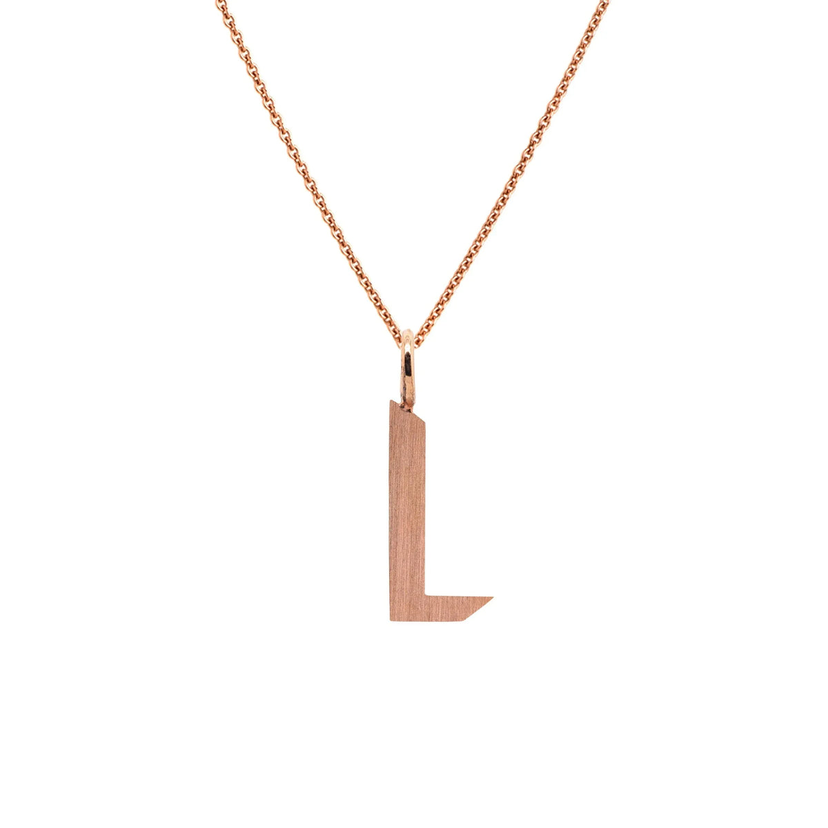 Rose Gold "L" Small Alphabet Necklace: A 14K gold alphabet pendant with the letter 'L' with a chain