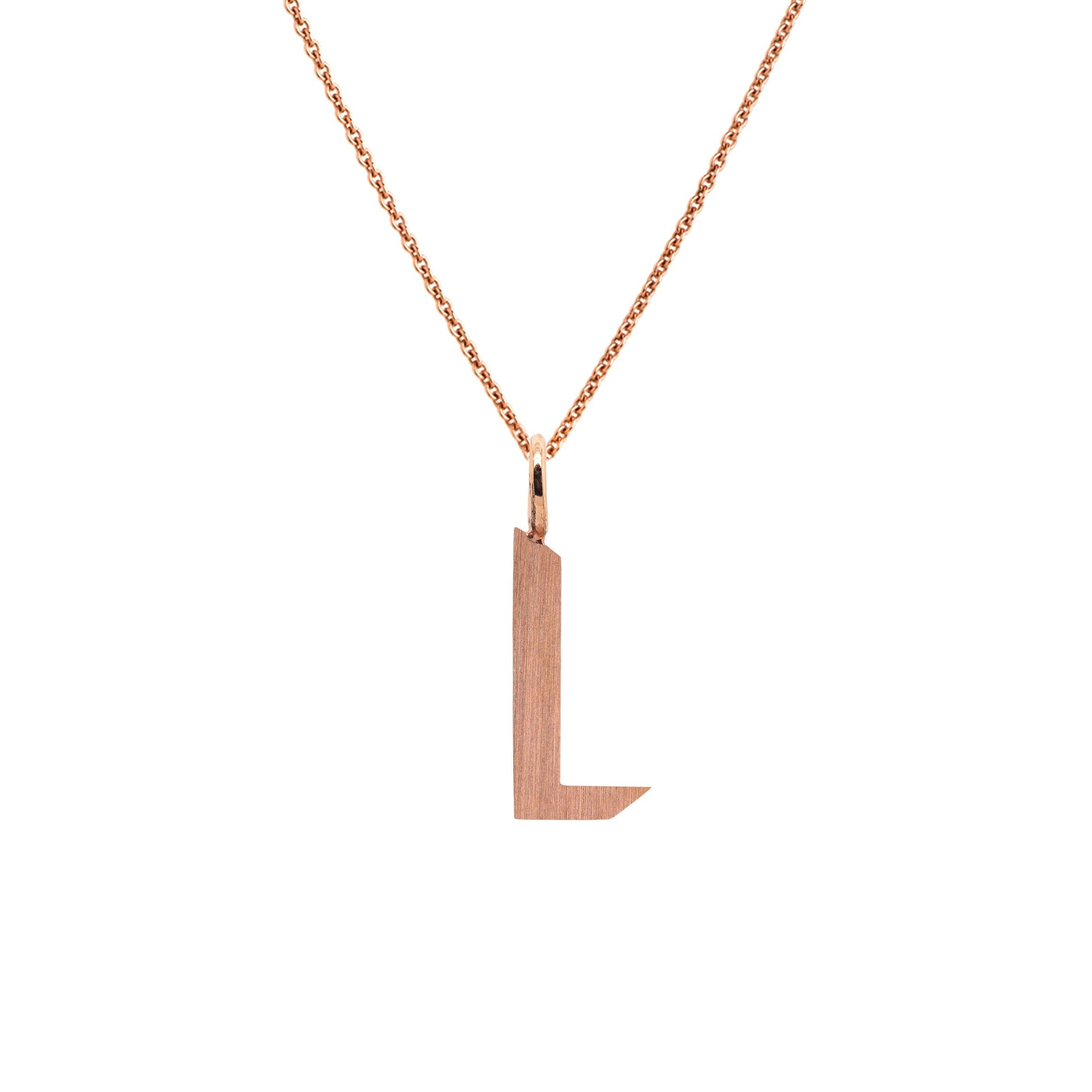 Rose Gold "L" Small Alphabet Necklace: A 14K gold alphabet pendant with the letter 'L' with a chain