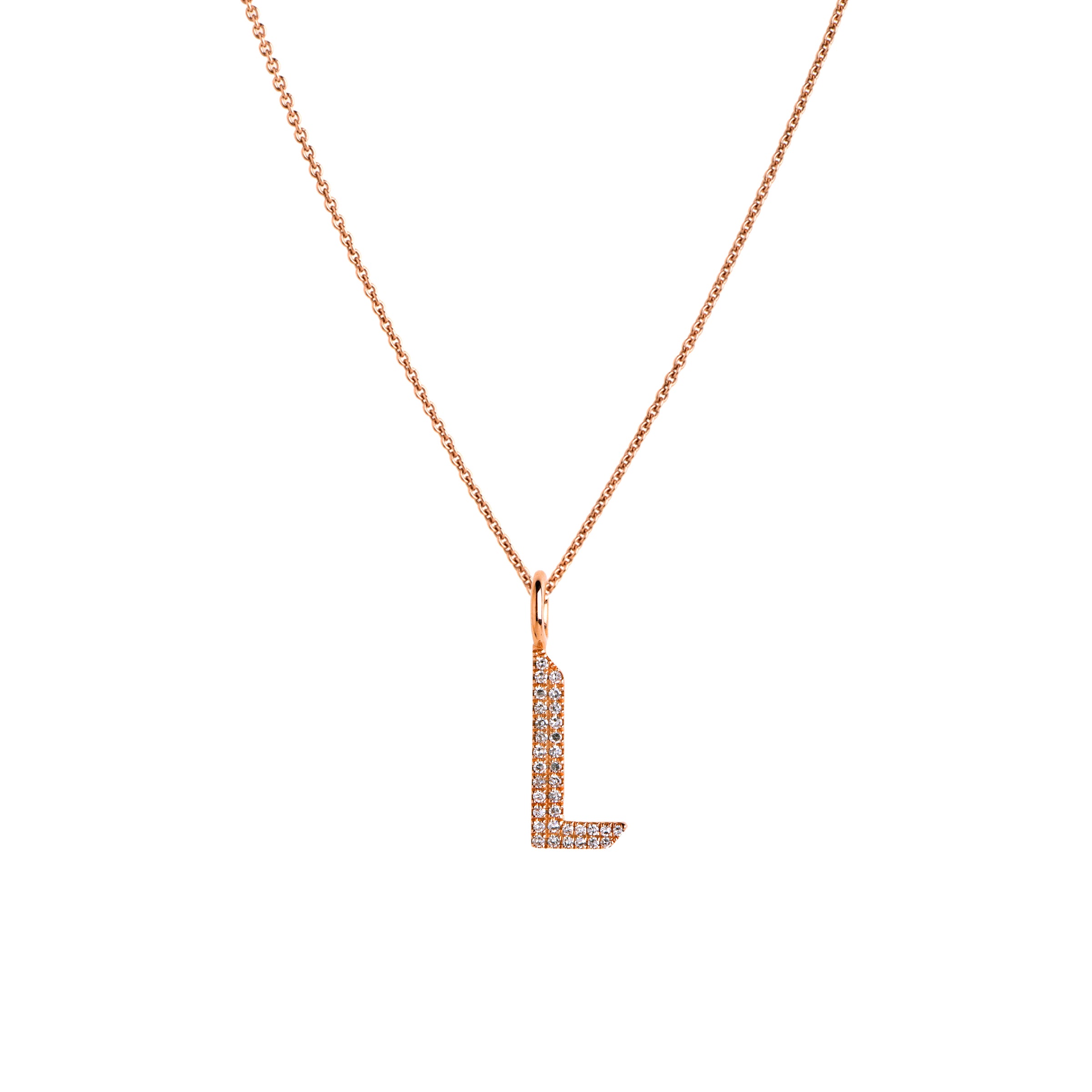 Rose Gold "L" Small White Diamond Alphabet Necklace: A 14K gold diamond alphabet pendant with the letter 'L' with a chain