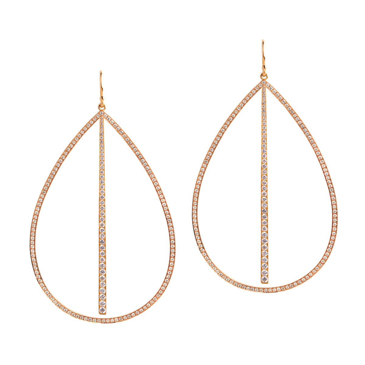 Rose Gold Large Diamond Teardrop & Diamond Stick Earrings: A pair of 14K gold diamond earrings that are a combination of two earrings, one in a teardrop design and another with a stick design, displayed against a white background.