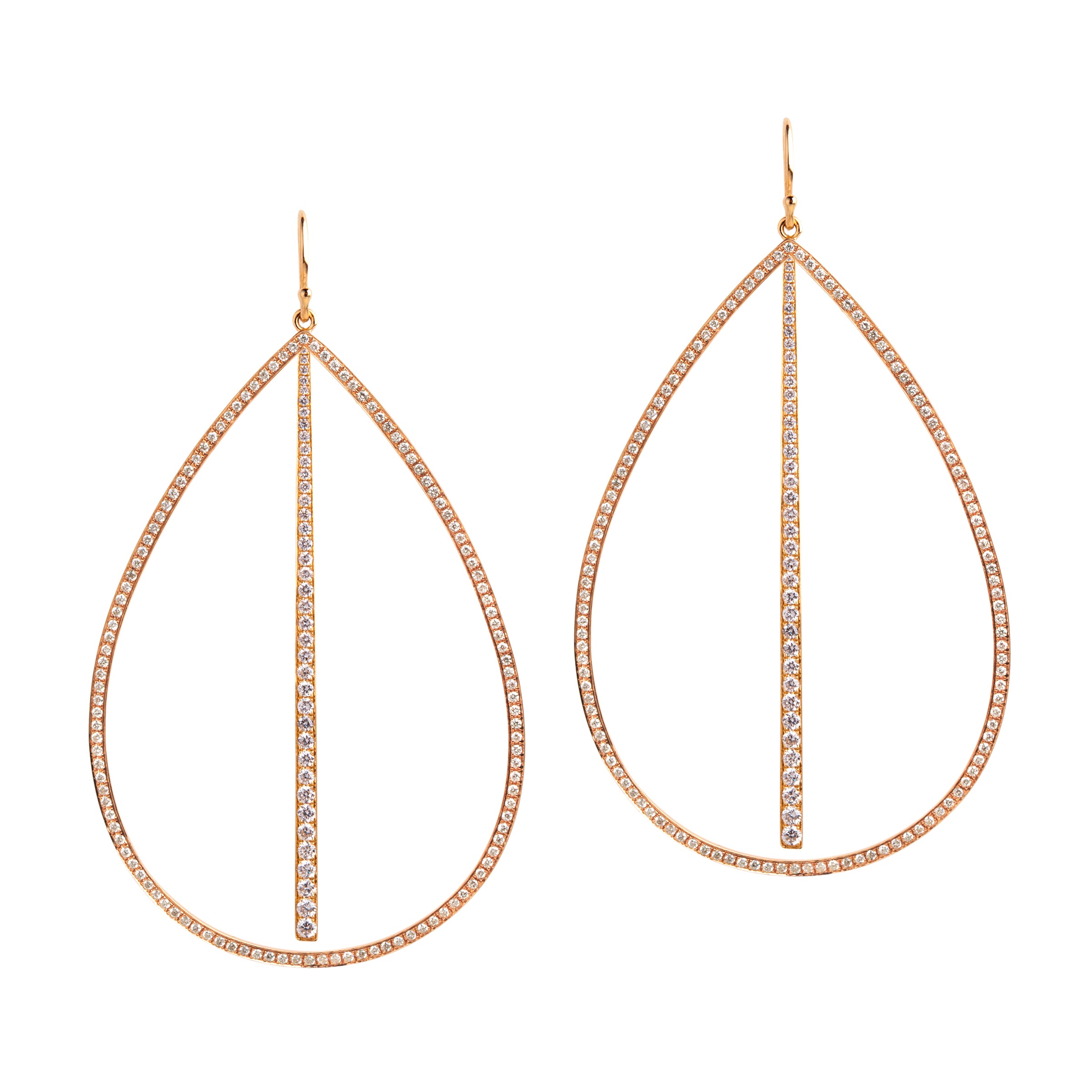 Rose Gold Large Diamond Teardrop & Diamond Stick Earrings: A pair of 14K gold diamond earrings that are a combination of two earrings, one in a teardrop design and another with a stick design, displayed against a white background.