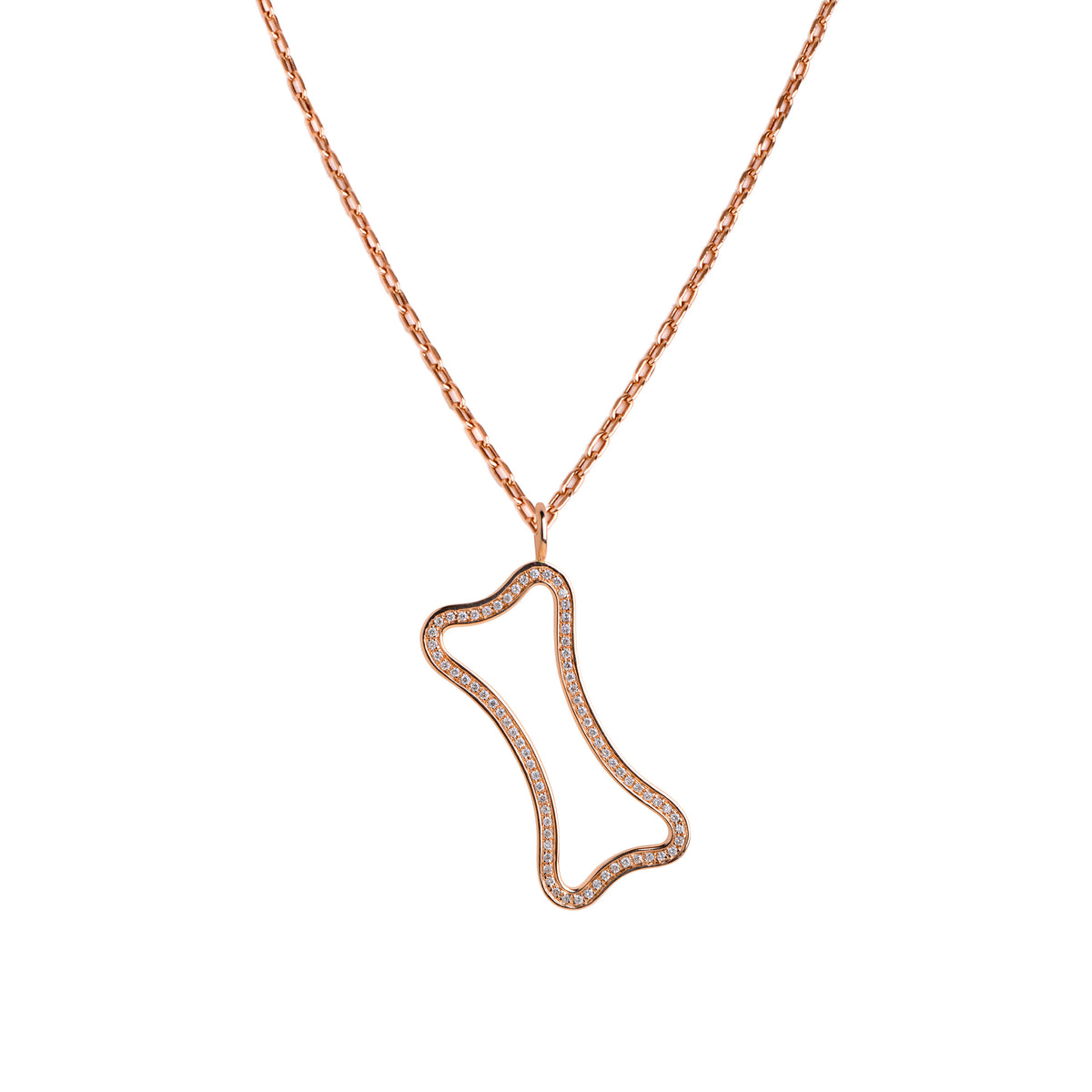 Rose Gold Large Hollow Diamond Dog Bone Necklace: A large 14K gold hollow dog bone pendant with diamonds on a chain.
