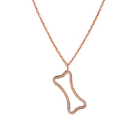 Rose Gold Large Hollow Diamond Dog Bone Necklace: A large 14K gold hollow dog bone pendant with diamonds on a chain.