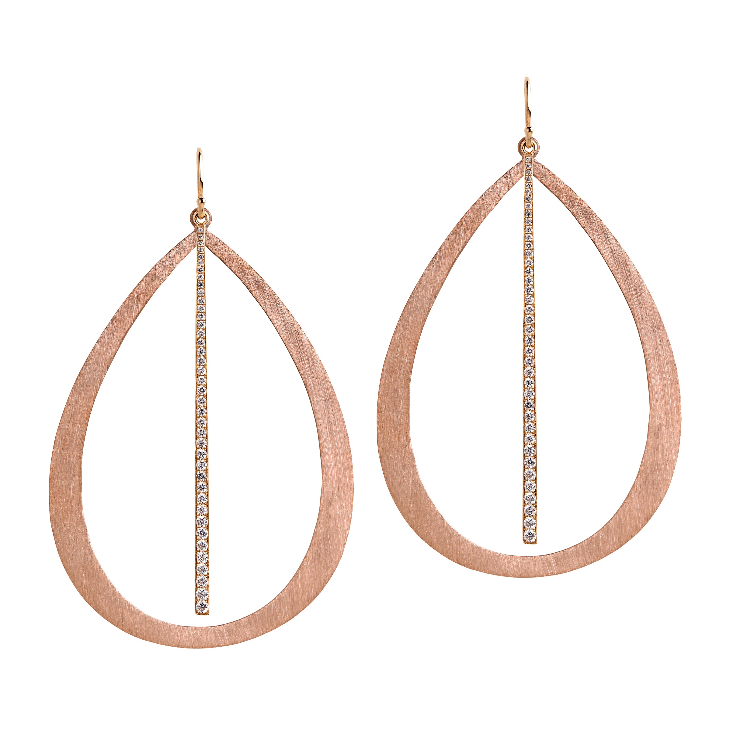 Rose Gold Large Stackable Teardrop & Diamond Stick Earrings: A pair of 14K gold diamond earrings that are a combination of two earrings, one in a teardrop design and another with a stick design, displayed against a white background.