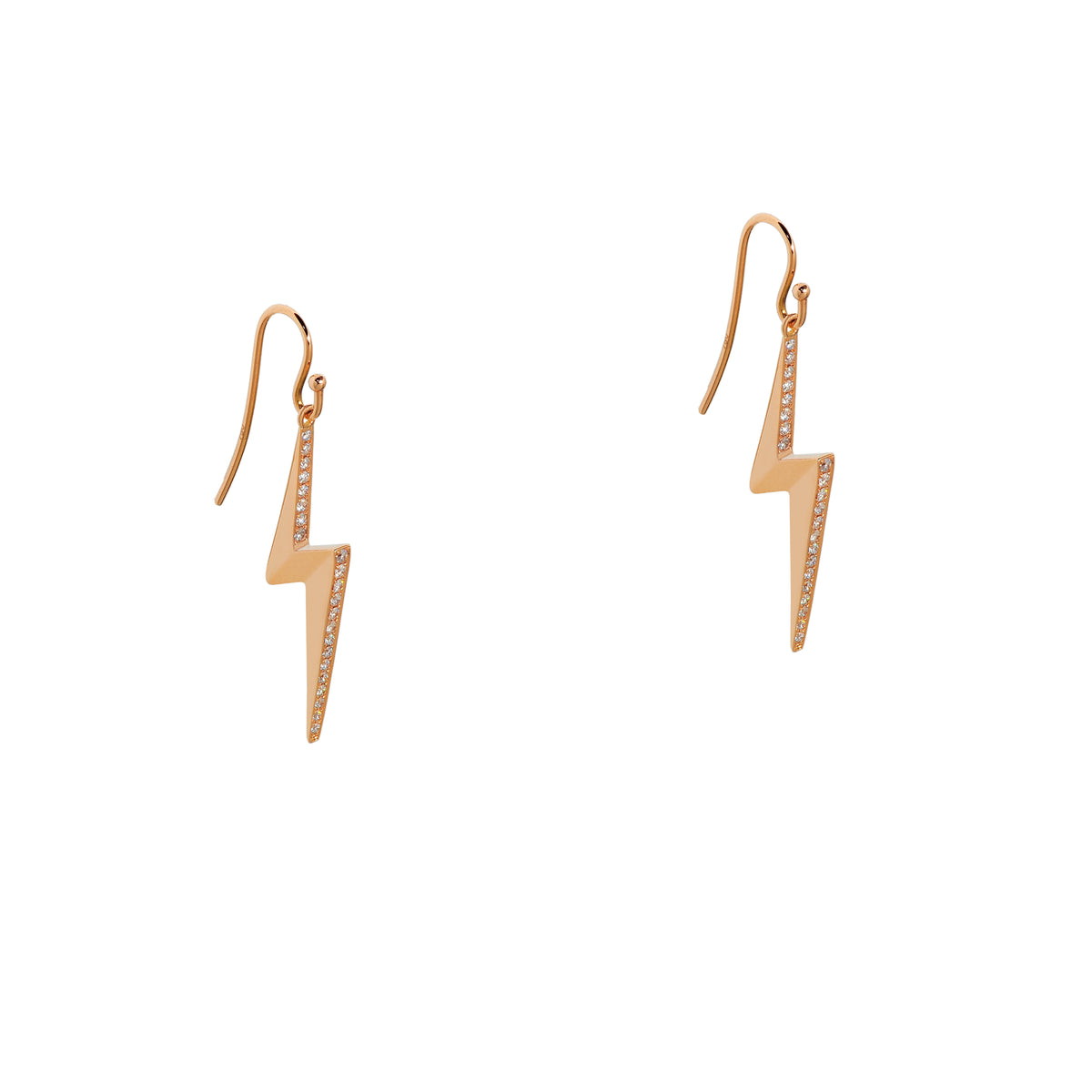 Rose Gold Lighting Diamond Earring: A pair of 14K gold earrings featuring a lightning bolt design with diamond accents, with a French wire back.