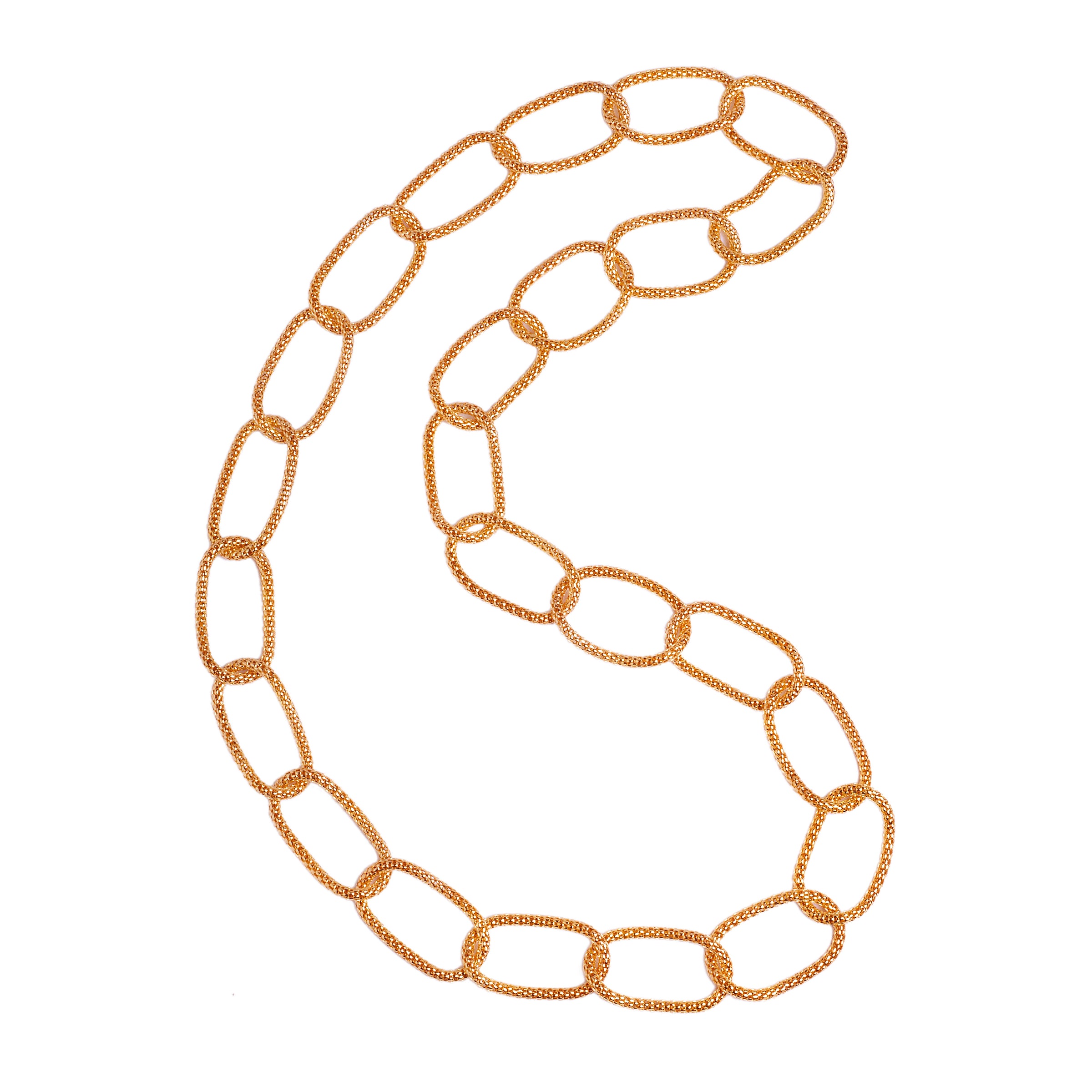 Rose Gold Mesh Necklace: An 18K gold plated sterling silver mesh necklace with a length of 35 inches.