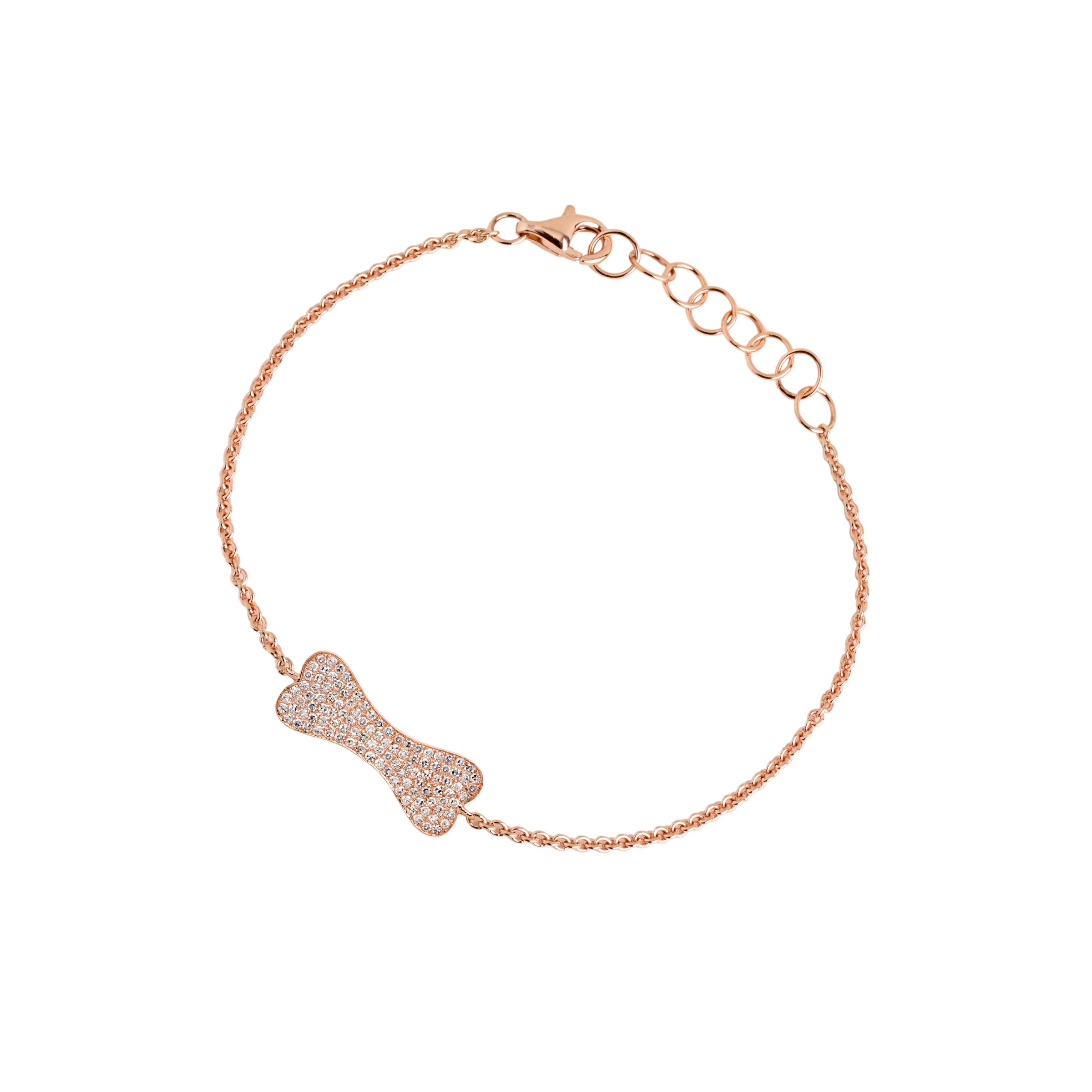 Rose Gold Mini Diamond Dog Bone Bracelet: A 14K gold bracelet with a diamond-encrusted dog bone charm and an adjustable chain.