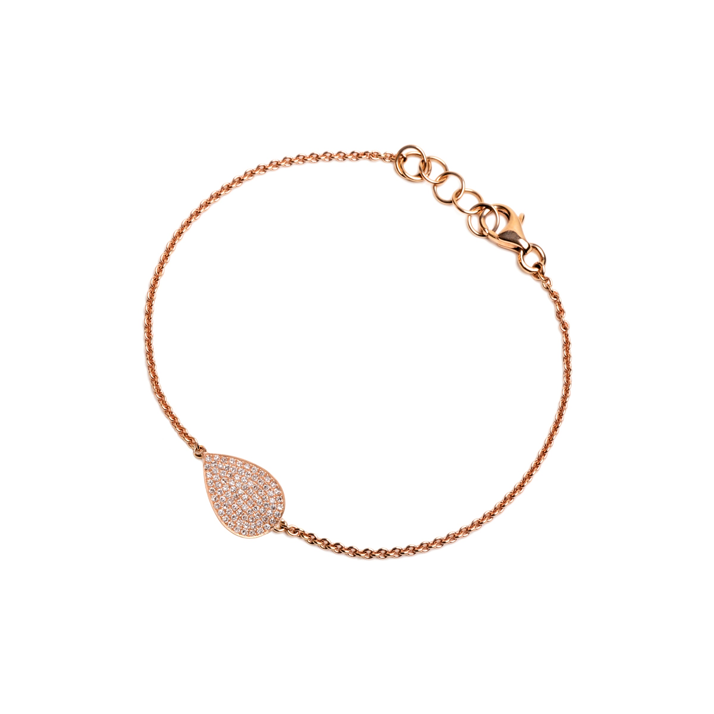 Rose Gold Mini Pave Diamond Teardrop Bracelet: 14K gold bracelet with a pave diamond teardrop pendant centerpiece