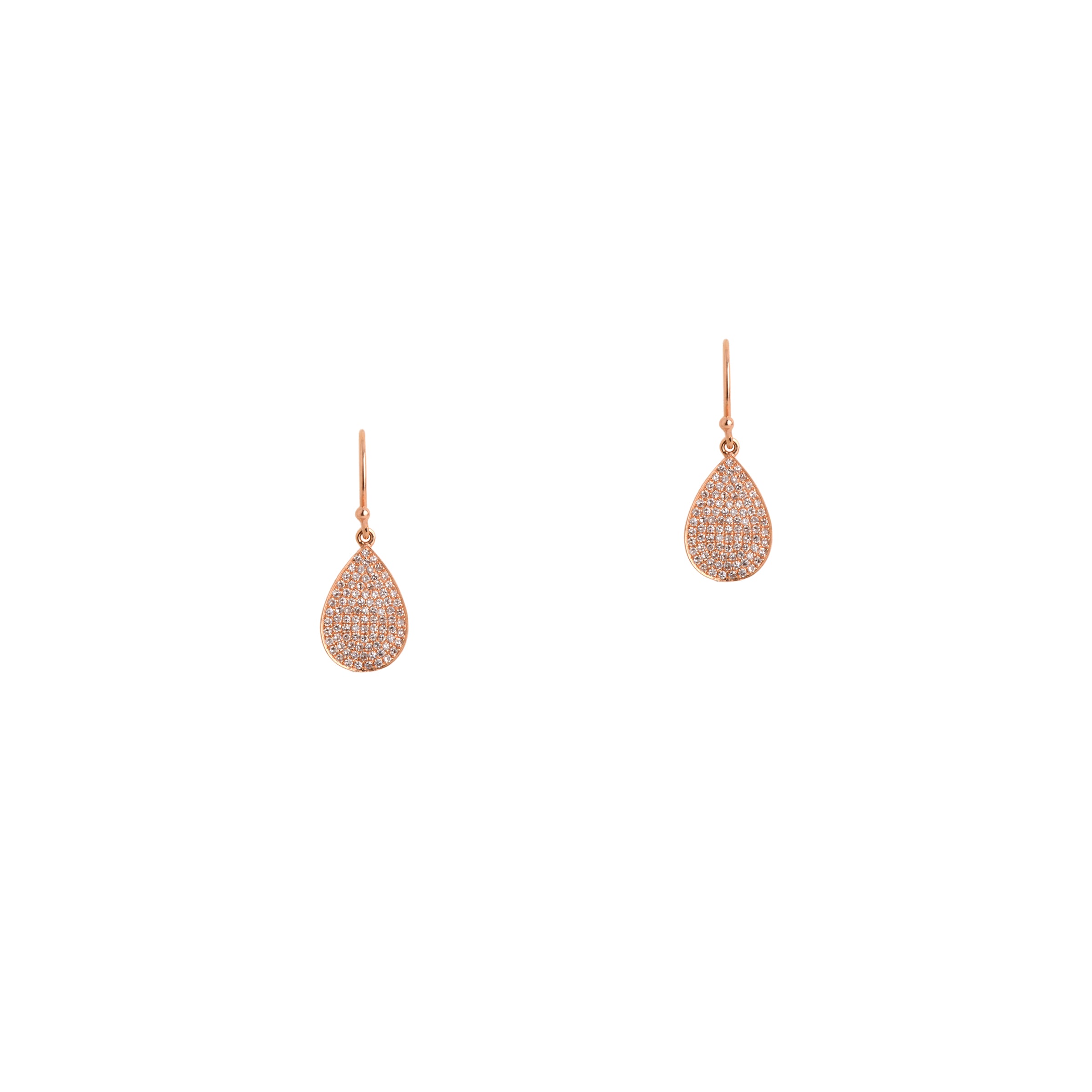 Rose Gold Mini Pave Diamond Teardrops: A pair of 14K gold pave diamond earrings with a mini teardrop design