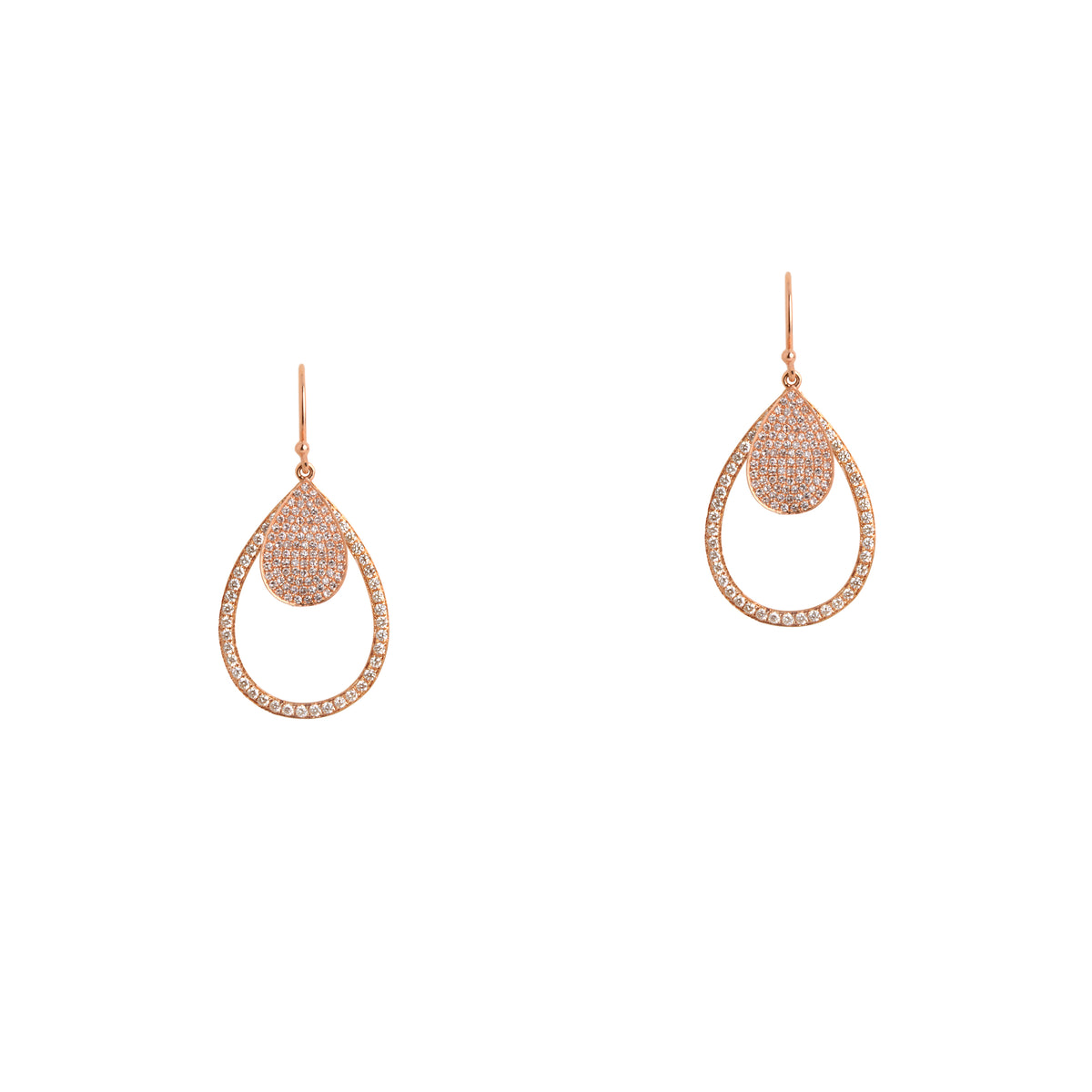 Rose Gold Mini Pave & Small Diamond Teardrops: A pair of 14K gold diamond earrings that are a combination of two teardrop design earrings of different sizes, displayed against a white background.