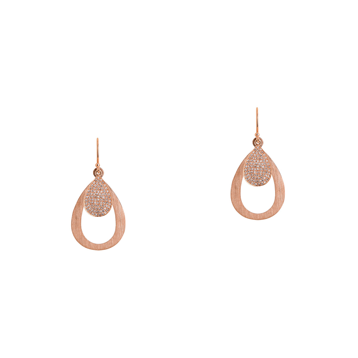 Rose Gold Mini Pave & Small Stackable Teardrops: A pair of 14K gold earrings that are a combination of two teardrop design earrings of different sizes, displayed against a white background.