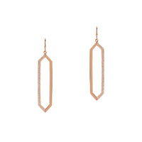 Rose Gold Mirror Image Earrings: A pair of 14K gold drop earrings with diamonds on half of the earring on a white background.