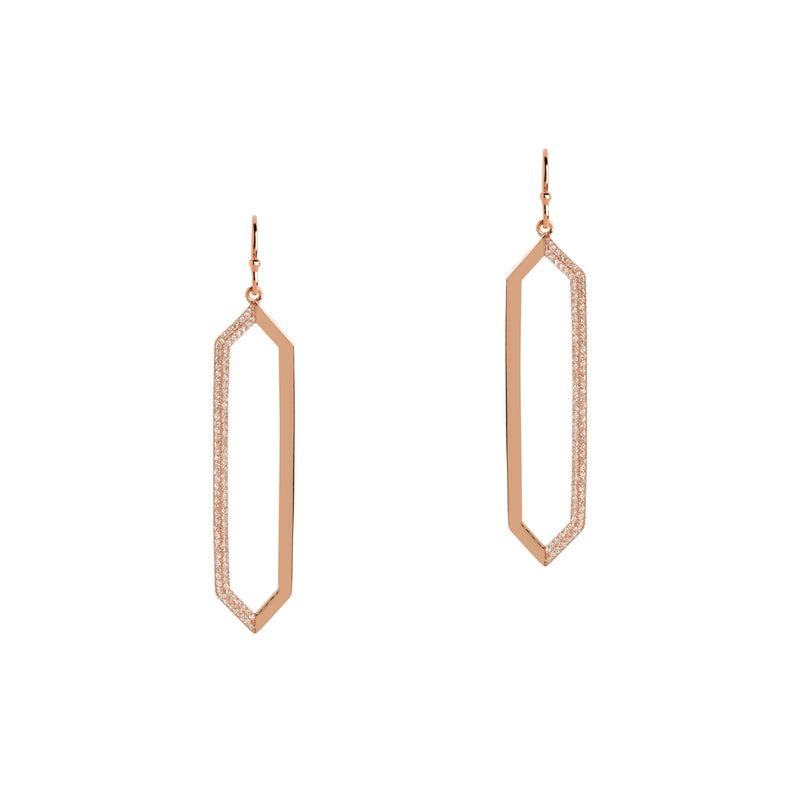 Rose Gold Mirror Image Earrings: A pair of 14K gold drop earrings with diamonds on half of the earring on a white background.