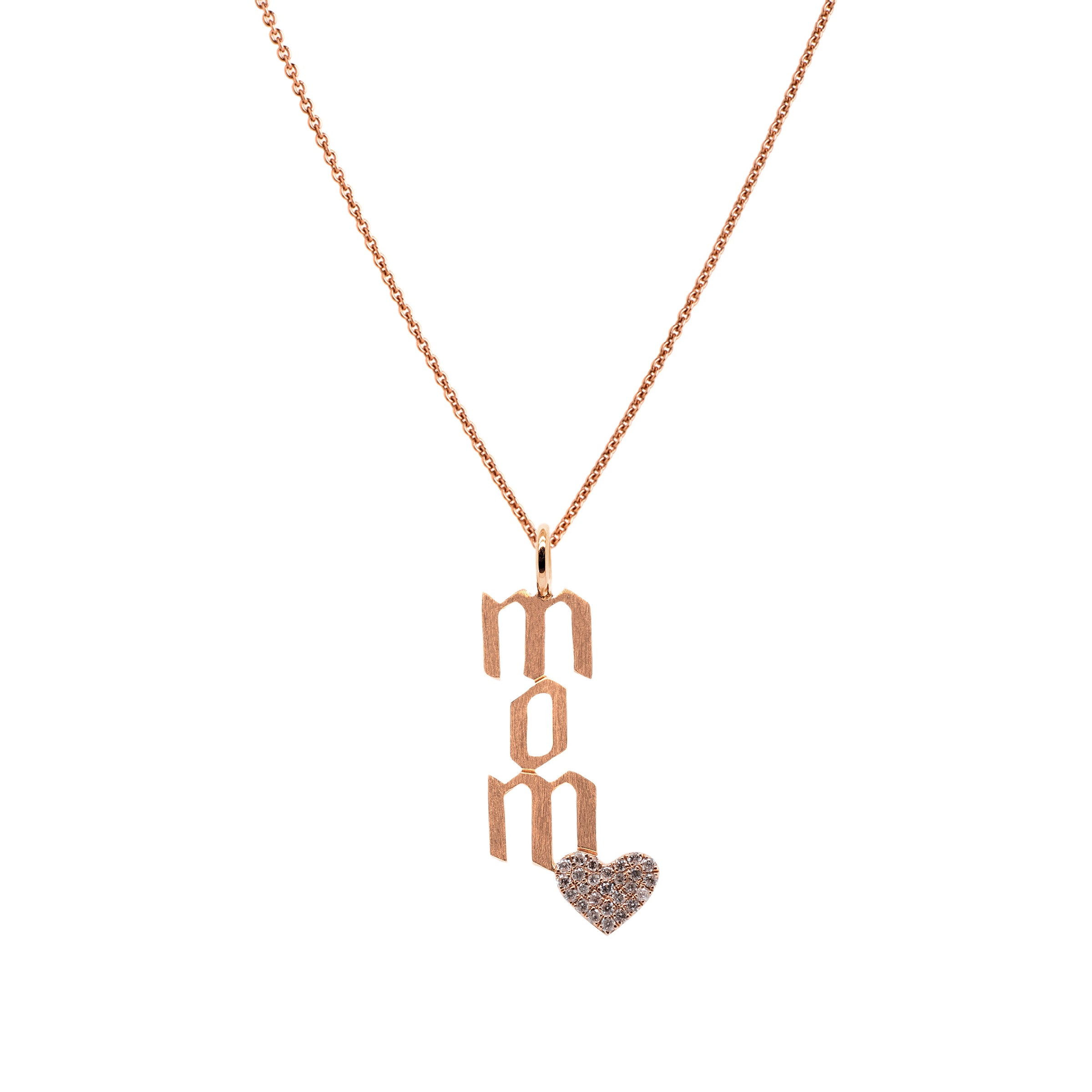 Rose Gold Mom Diamond Necklace: A 14K gold pendant with a diamond heart, featuring the letters 'Mom', on a chain.