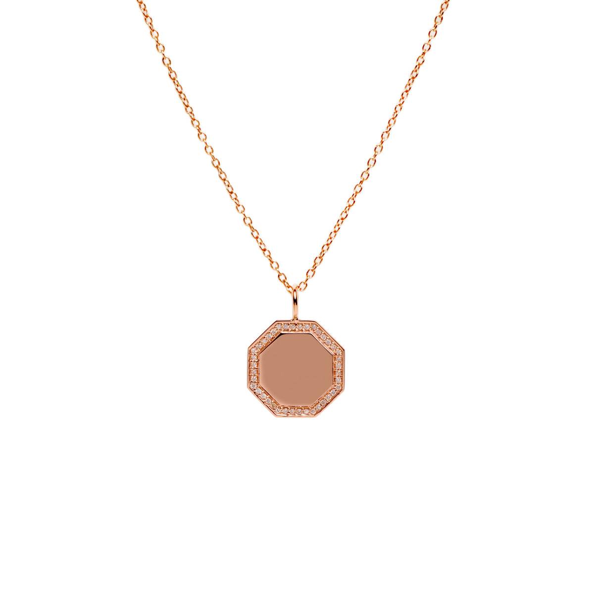 Rose Gold Octagon Diamond Necklace: A 14K gold diamond engravable pendant with an octagonal shape, suspended from a gold chain.