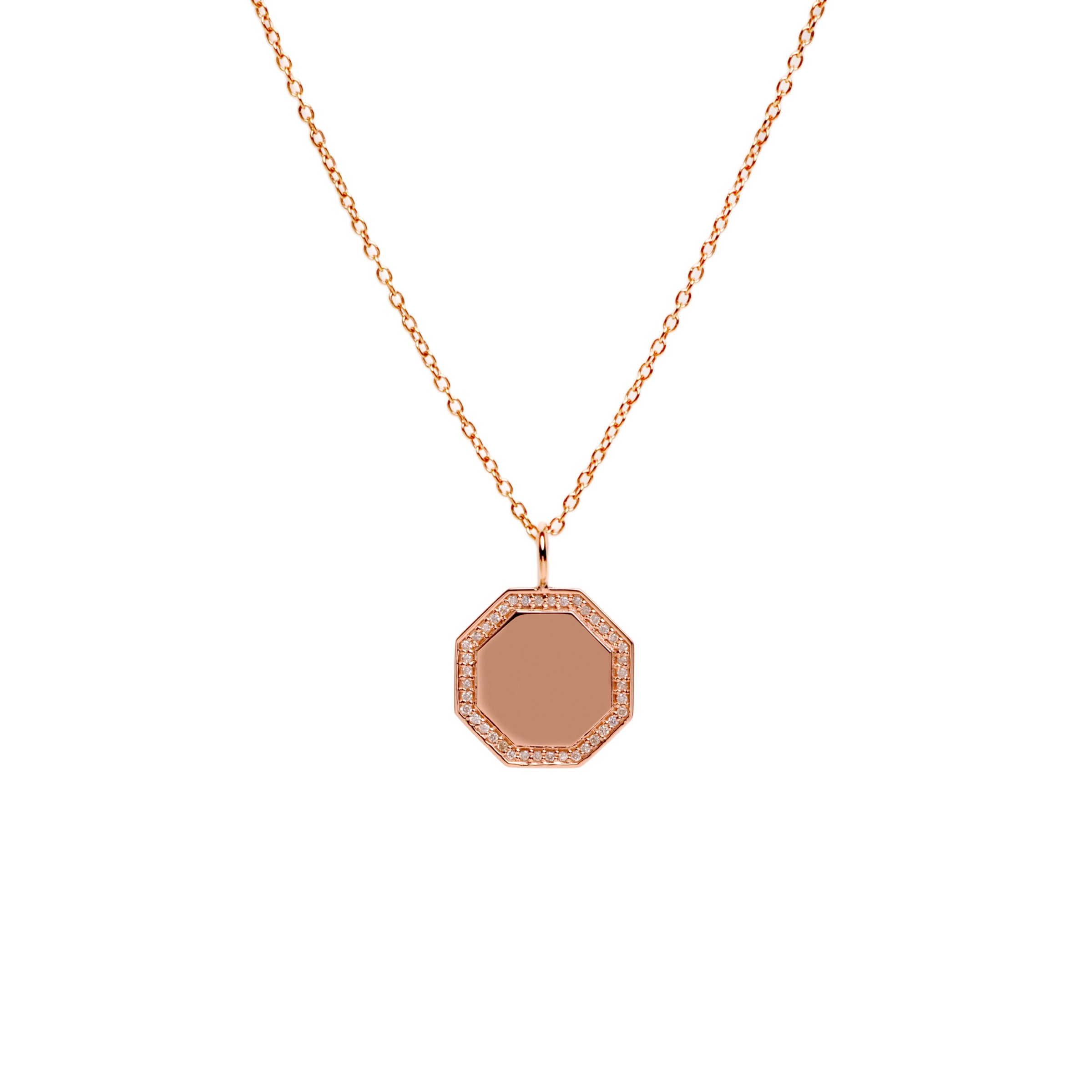 Rose Gold Octagon Diamond Necklace: A 14K gold diamond engravable pendant with an octagonal shape, suspended from a gold chain.
