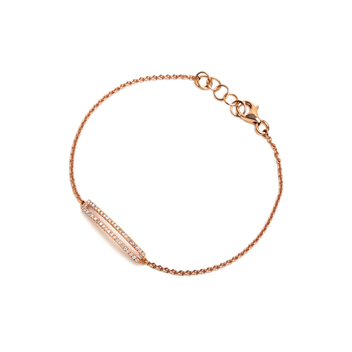 Rose Gold Open Bar Diamond Bracelet: A 14K gold bracelet with a diamond-accented open bar, featuring a lobster clasp fastening.