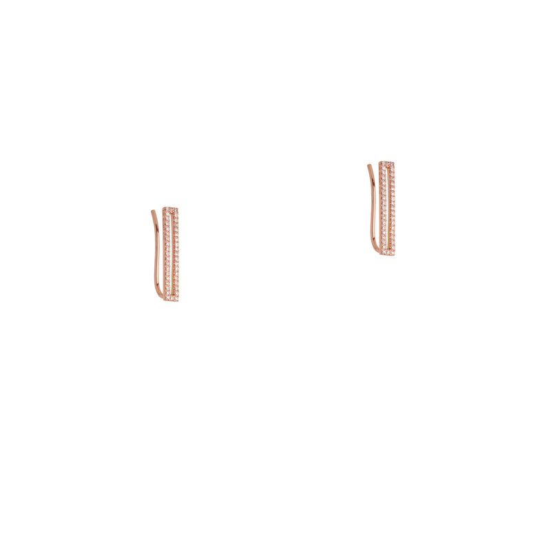 Rose Gold Open Bar Diamond Ear Crawlers: A pair of 14K gold diamond ear crawlers with a French wire back, displayed against a white background.