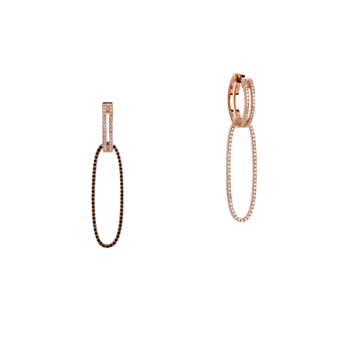 Rose Gold Open Bar Diamond Huggies w/ Reversible White & Black Diamond Oval Extensions: A pair of 14K gold huggie earrings with extensions of one side featuring black diamonds and the other side featuring white diamonds