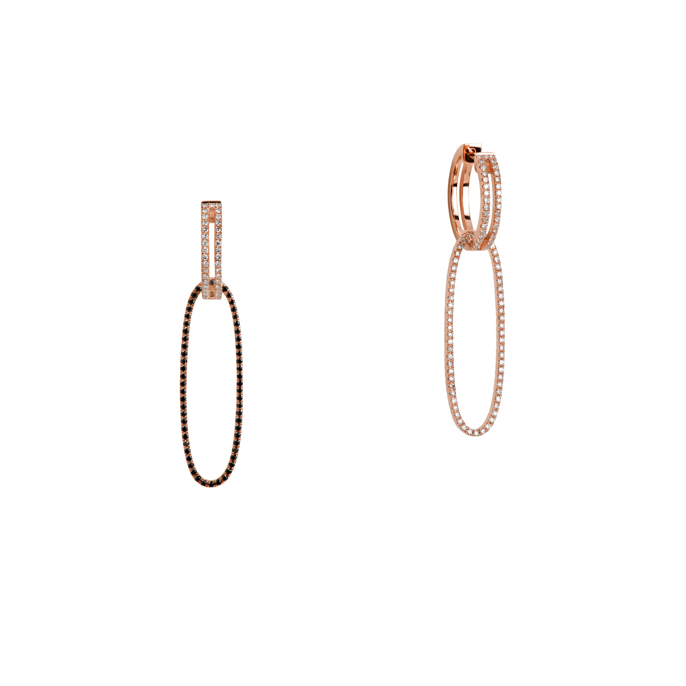 Rose Gold Open Bar Diamond Huggies w/ Reversible White & Black Diamond Oval Extensions: A pair of 14K gold huggie earrings with extensions of one side featuring black diamonds and the other side featuring white diamonds