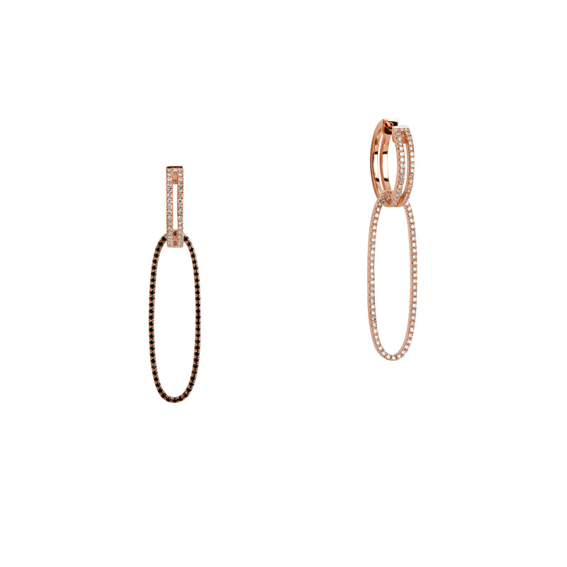 Rose Gold Open Bar Diamond Huggies w/ Reversible White & Black Diamond Oval Extensions: A pair of 14K gold huggie earrings with extensions of one side featuring black diamonds and the other side featuring white diamonds
