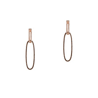 Rose Gold Open Bar Diamond Huggies w/ Reversible White & Black Diamond Oval Extensions: A pair of 14K gold huggie earrings with extensions of one side featuring black diamonds and the other side featuring white diamonds