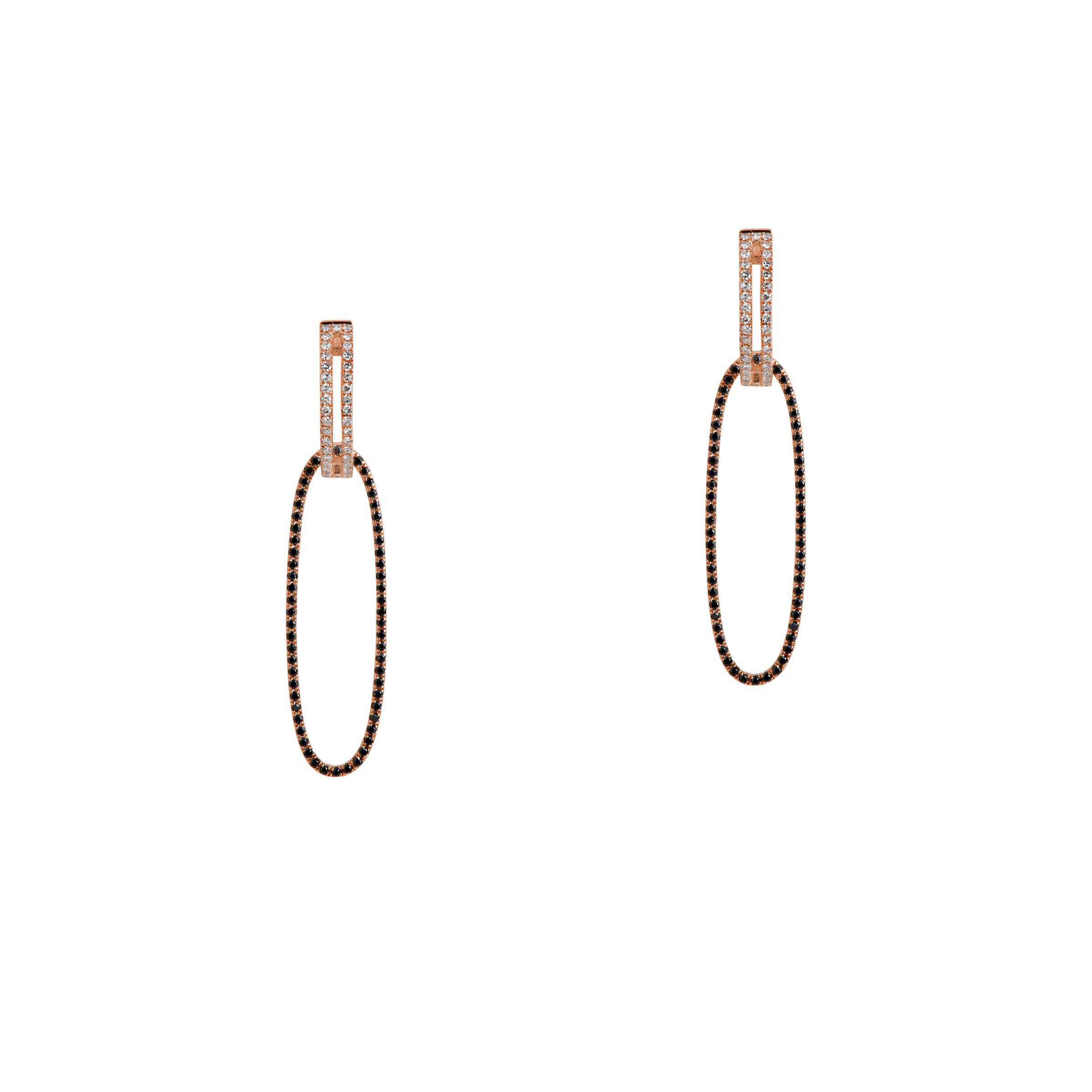 Rose Gold Open Bar Diamond Huggies w/ Reversible White & Black Diamond Oval Extensions: A pair of 14K gold huggie earrings with extensions of one side featuring black diamonds and the other side featuring white diamonds