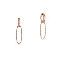 Rose Gold Open Bar Diamond Huggies w/ Reversible White & Black Diamond Oval Extensions: A pair of 14K gold huggie earrings with extensions of one side featuring black diamonds and the other side featuring white diamonds