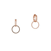 Rose Gold Open Bar Diamond Huggies w/ Reversible White & Black Diamond Round Extensions: A pair of 14K gold huggie earrings with extensions of one side featuring black diamonds and the other side featuring white diamonds