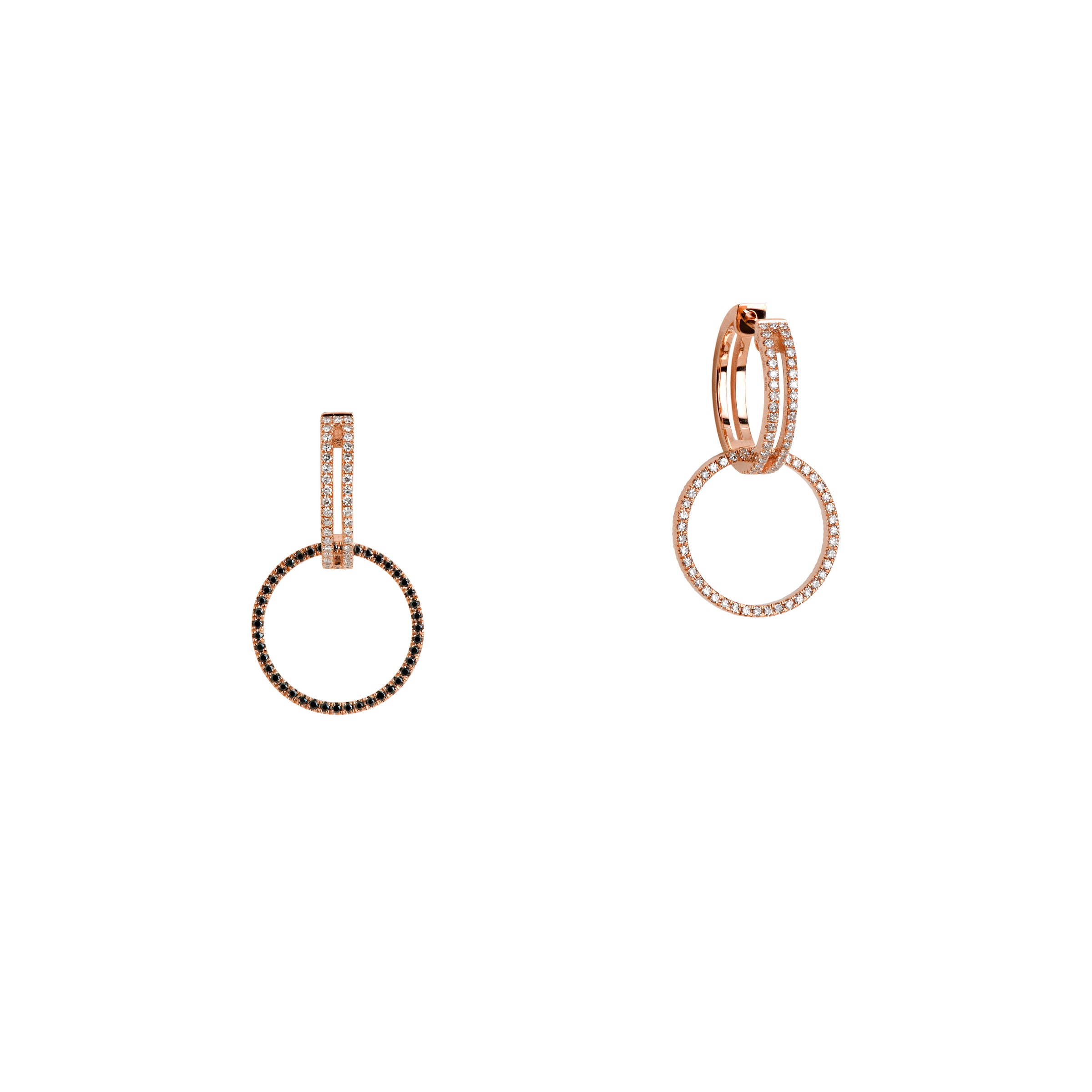Rose Gold Open Bar Diamond Huggies w/ Reversible White & Black Diamond Round Extensions: A pair of 14K gold huggie earrings with extensions of one side featuring black diamonds and the other side featuring white diamonds