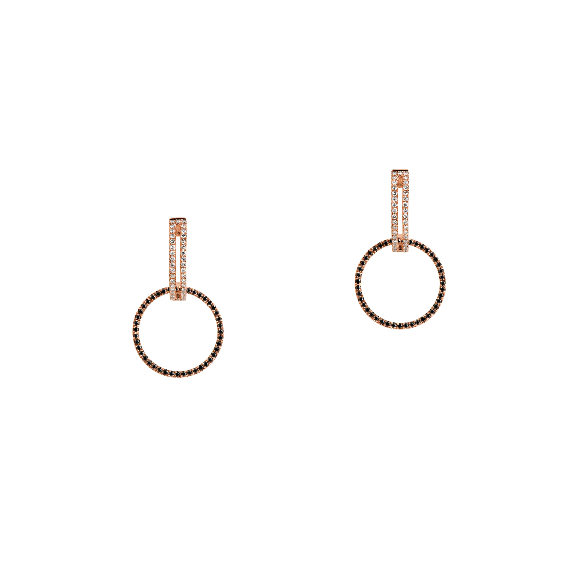 Rose Gold Open Bar Diamond Huggies w/ Reversible White & Black Diamond Round Extensions: A pair of 14K gold huggie earrings with extensions of one side featuring black diamonds and the other side featuring white diamonds