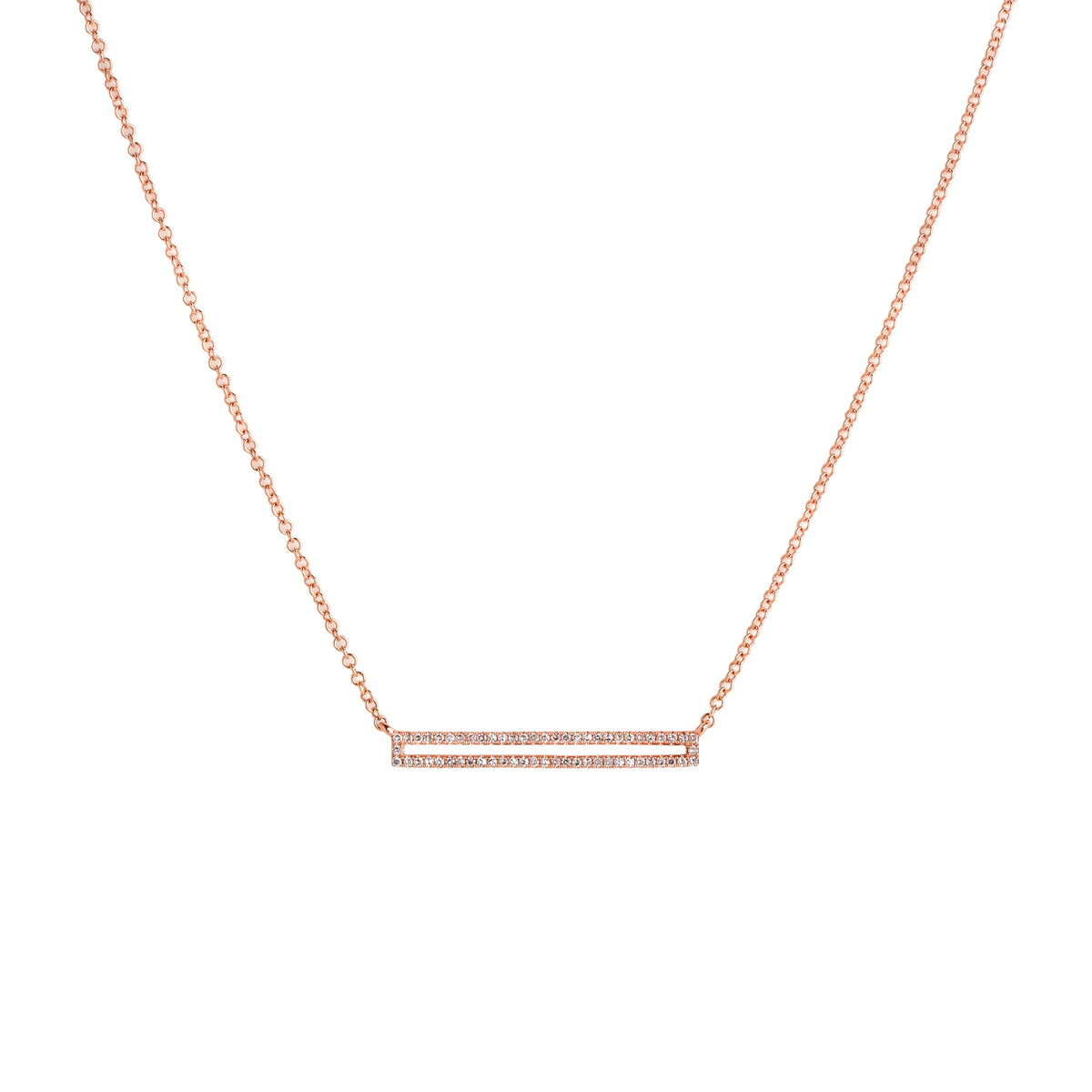 Rose Gold Open Bar Diamond Necklace: A 14K gold diamond necklace with a lobster clasp fastening, featuring a series of round diamonds along the bar.