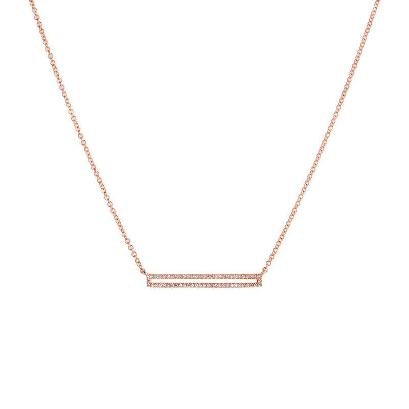 Rose Gold Open Bar Diamond Necklace: A 14K gold diamond necklace with a lobster clasp fastening, featuring a series of round diamonds along the bar.